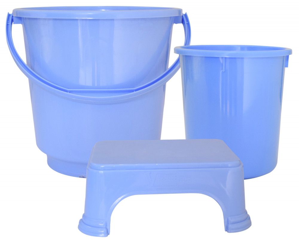 Kuber Industries 3 Pieces Unbreakable Virgin Plastic Multipurpose Bucket, Dustbin &amp; Stool Set (Blue)
