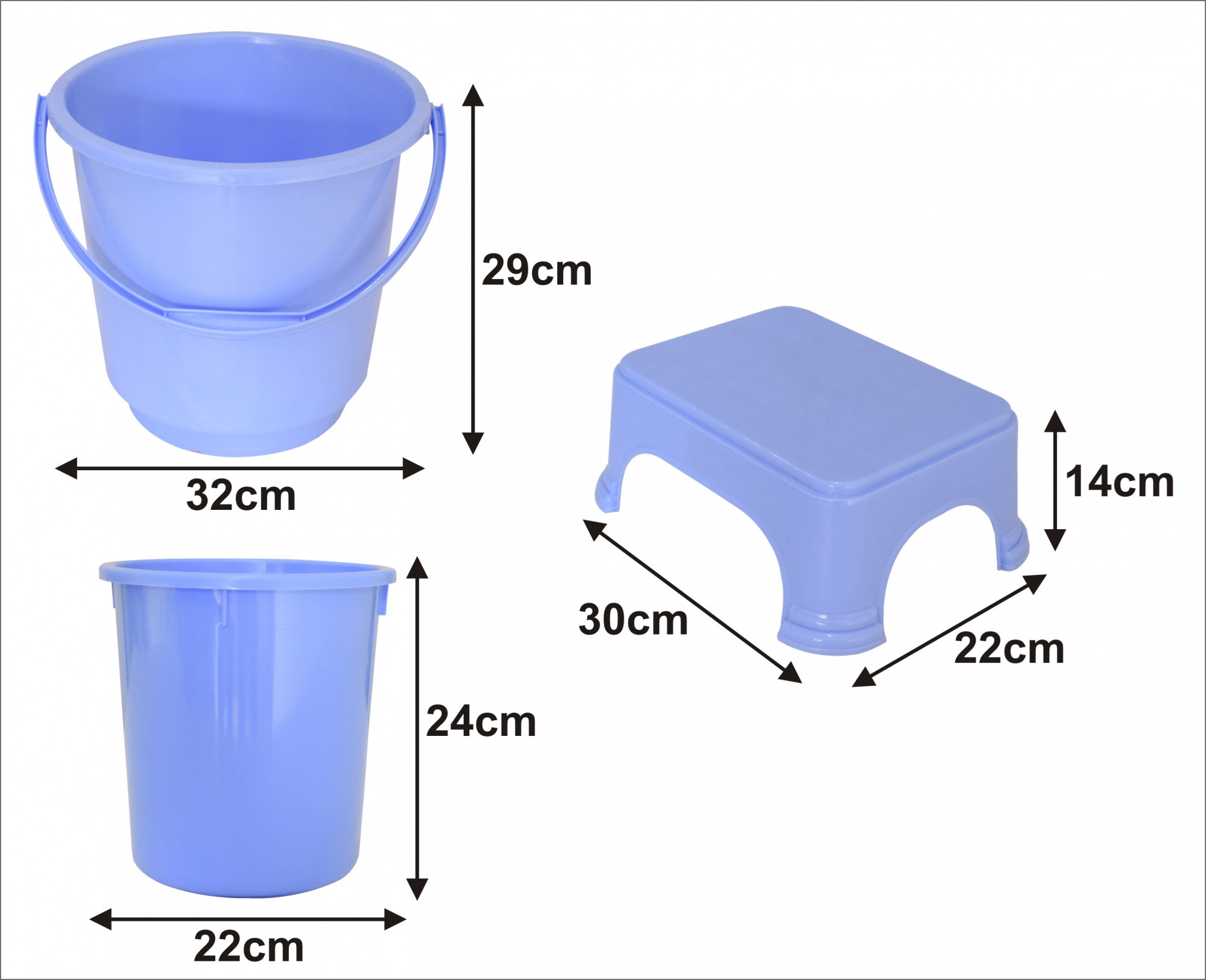Kuber Industries 3 Pieces Unbreakable Virgin Plastic Multipurpose Bucket, Dustbin & Stool Set (Blue)