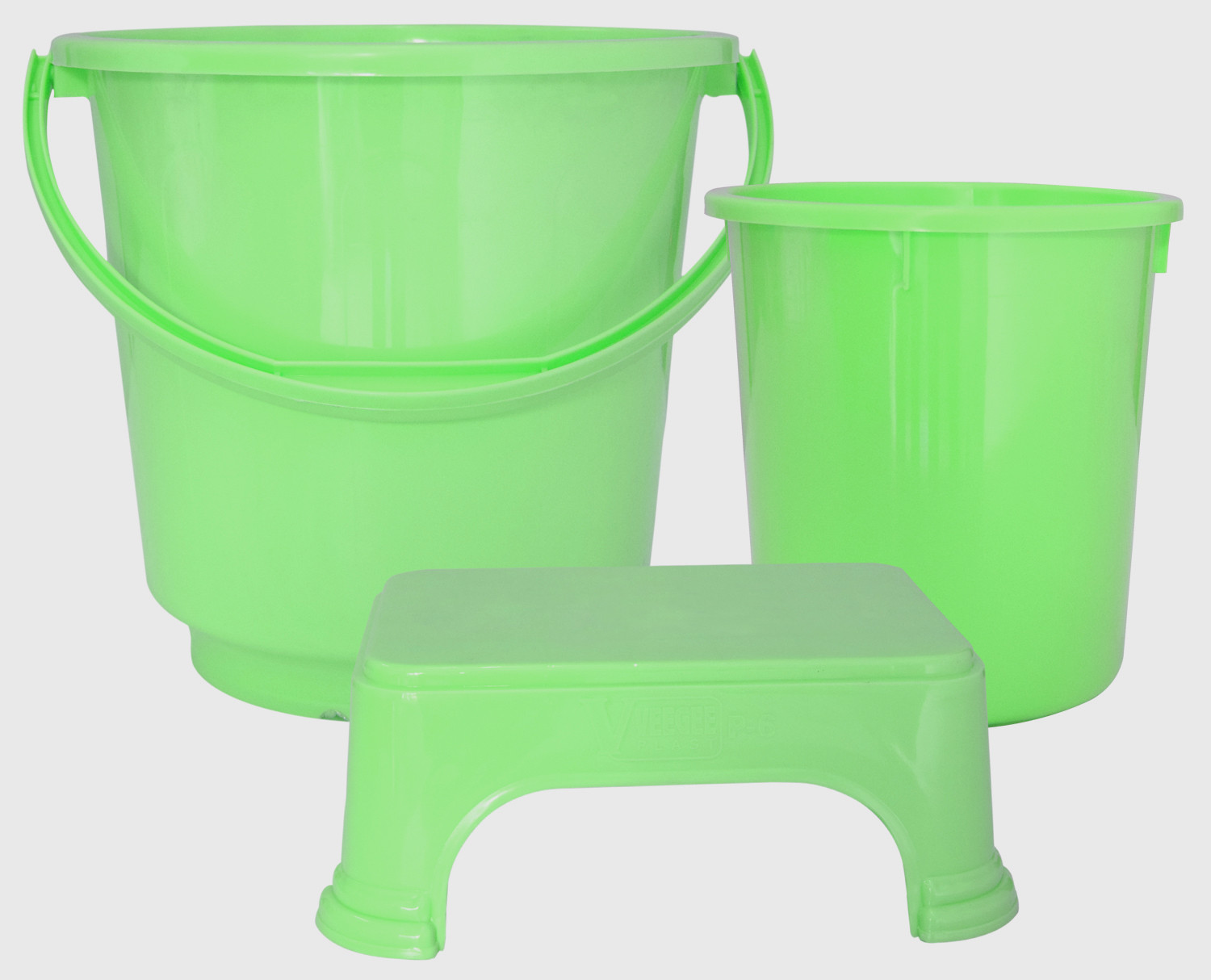 Kuber Industries 3 Pieces Unbreakable Virgin Plastic Multipurpose Bucket, Dustbin & Stool Set (Green)