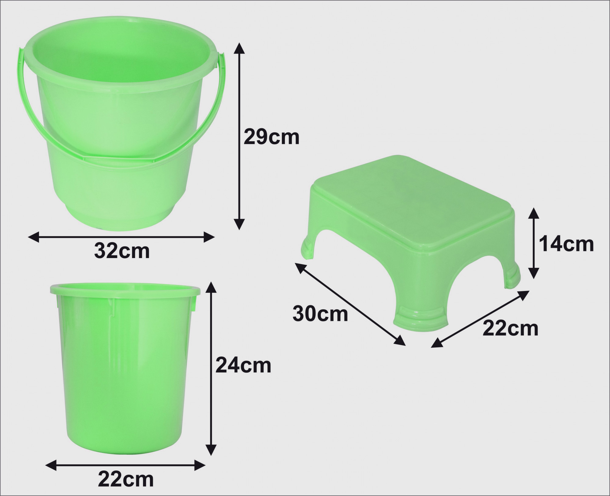 Kuber Industries 3 Pieces Unbreakable Virgin Plastic Multipurpose Bucket, Dustbin & Stool Set (Green)