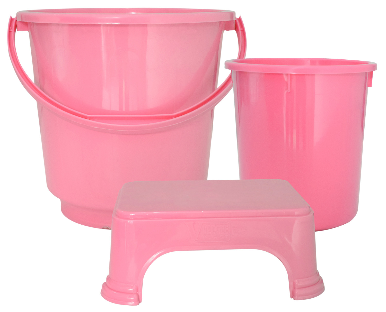 Kuber Industries 3 Pieces Unbreakable Virgin Plastic Multipurpose Bucket, Dustbin & Stool Set (Pink)