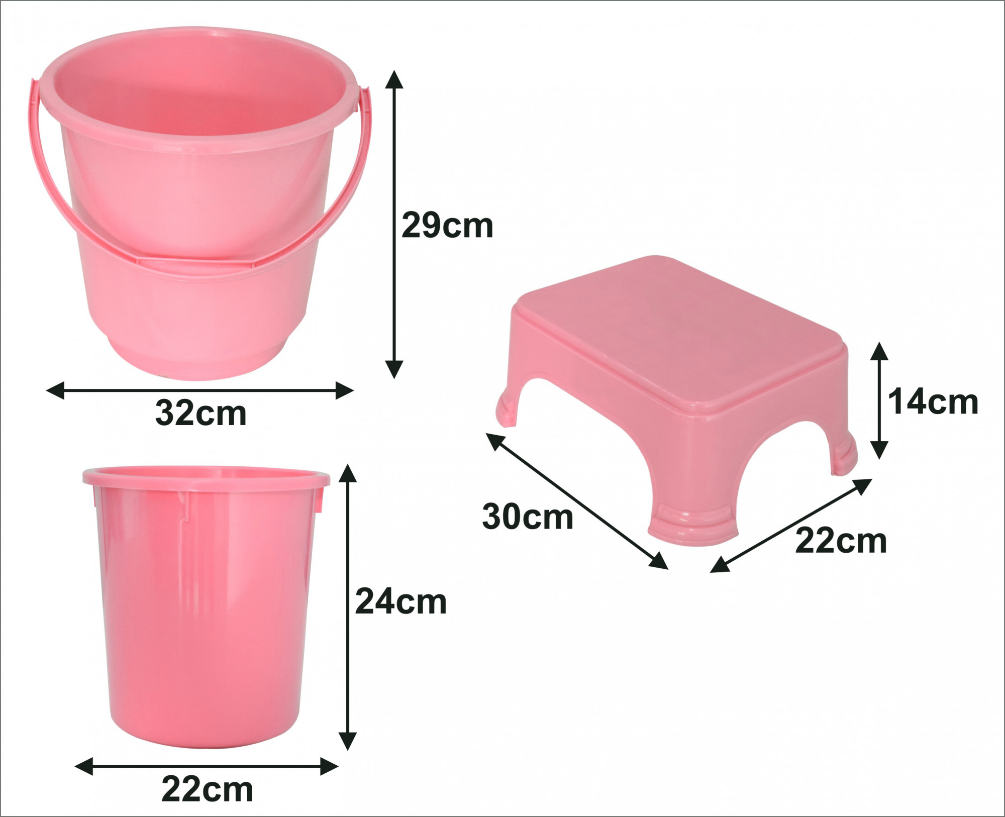 Kuber Industries 3 Pieces Unbreakable Virgin Plastic Multipurpose Bucket, Dustbin & Stool Set (Pink)