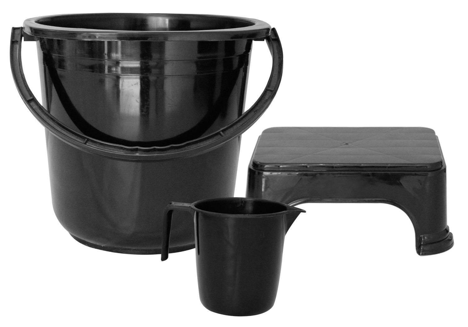 Kuber Industries 3 Pieces Unbreakable Virgin Plastic Multipurpose Bucket, Mug & Stool Set (Black)