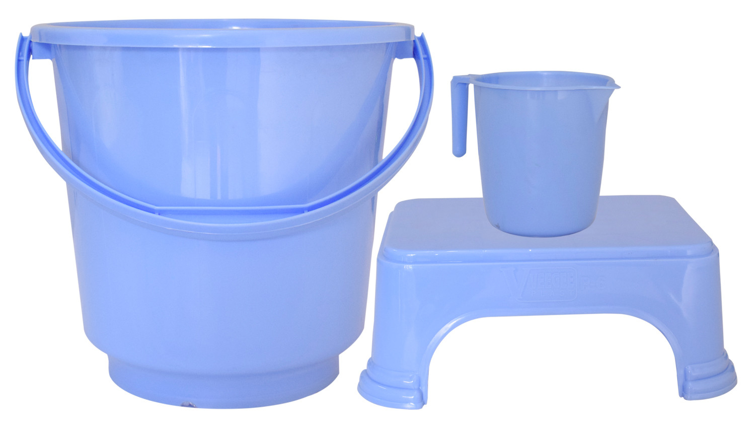 Kuber Industries 3 Pieces Unbreakable Virgin Plastic Multipurpose Bucket, Mug & Stool Set (Blue)