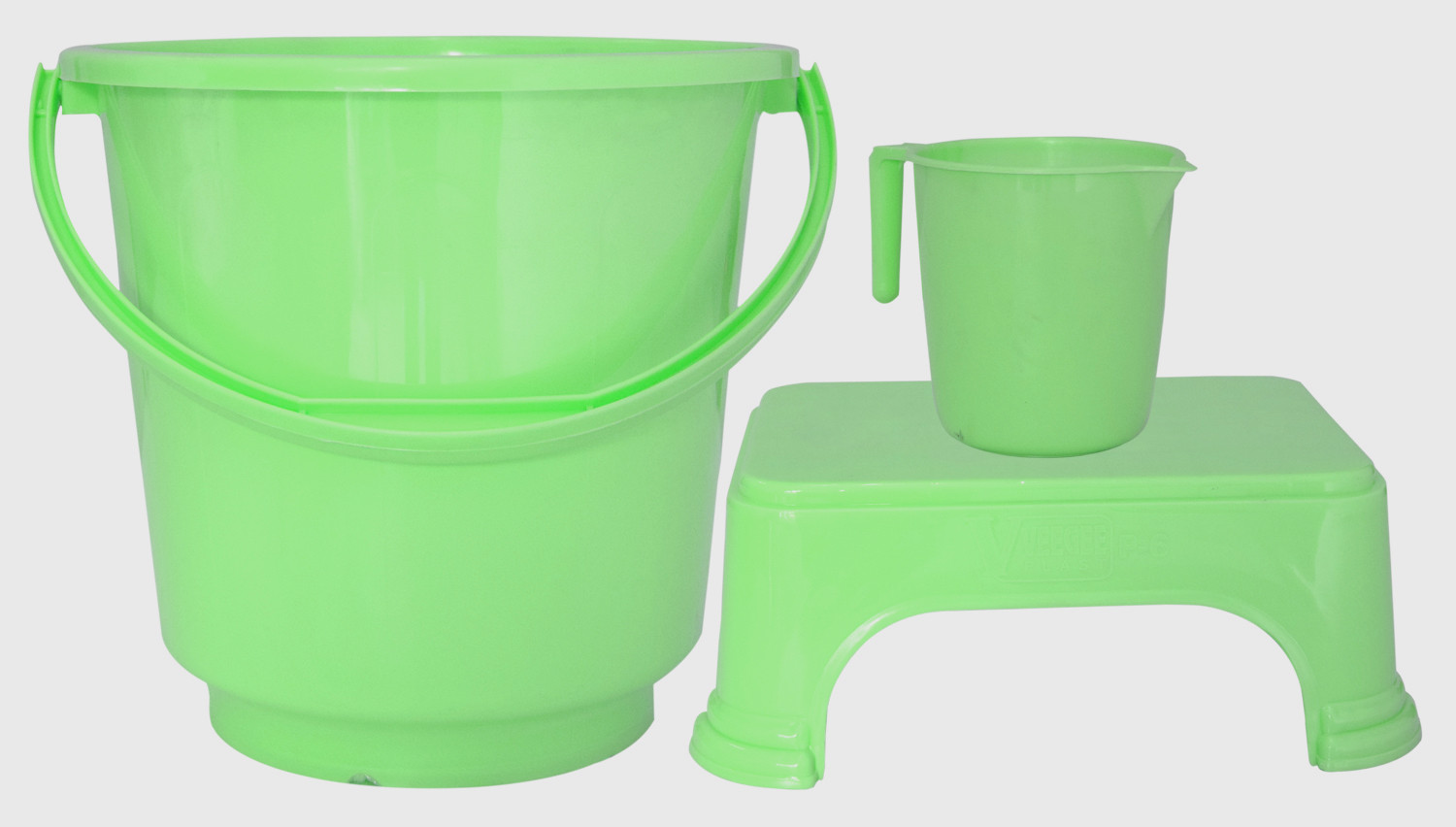 Kuber Industries 3 Pieces Unbreakable Virgin Plastic Multipurpose Bucket, Mug & Stool Set (Green)