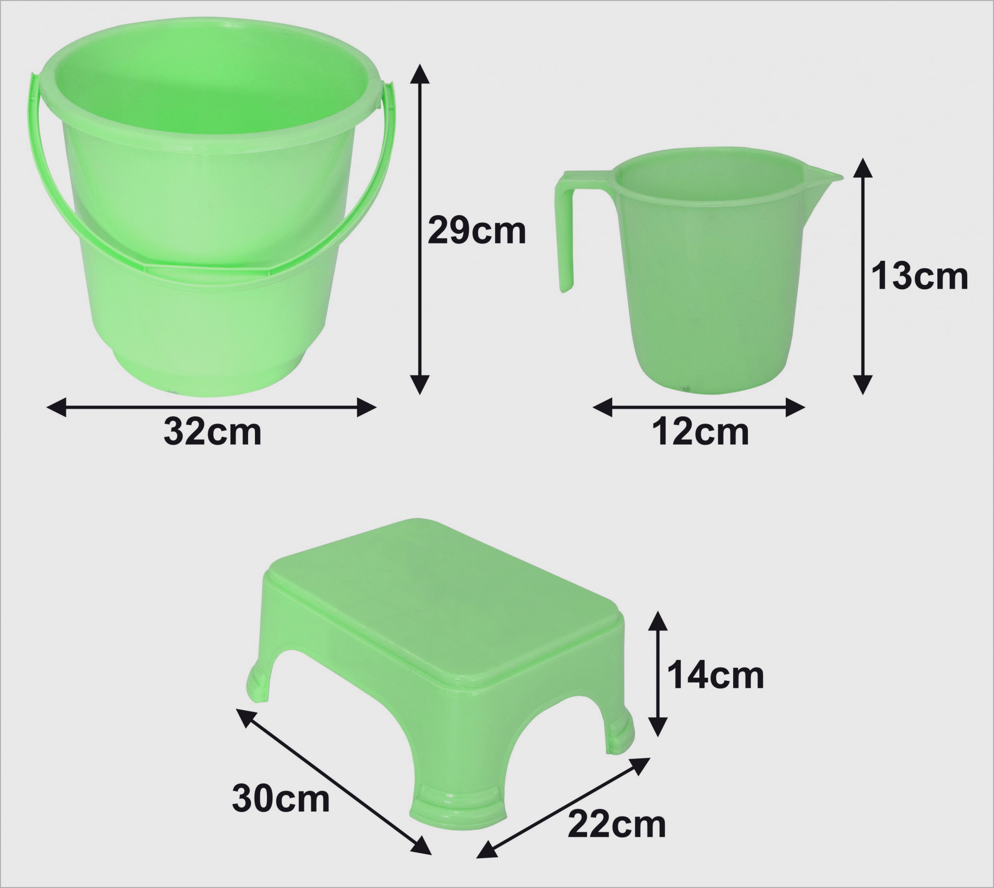 Kuber Industries 3 Pieces Unbreakable Virgin Plastic Multipurpose Bucket, Mug & Stool Set (Green)