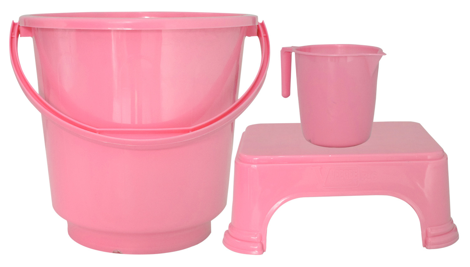Kuber Industries 3 Pieces Unbreakable Virgin Plastic Multipurpose Bucket, Mug & Stool Set (Pink)