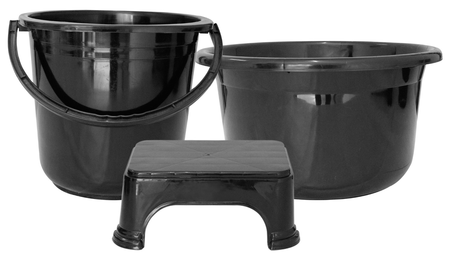 Kuber Industries 3 Pieces Unbreakable Virgin Plastic Multipurpose Bucket, Stool & Tub Set (Black)