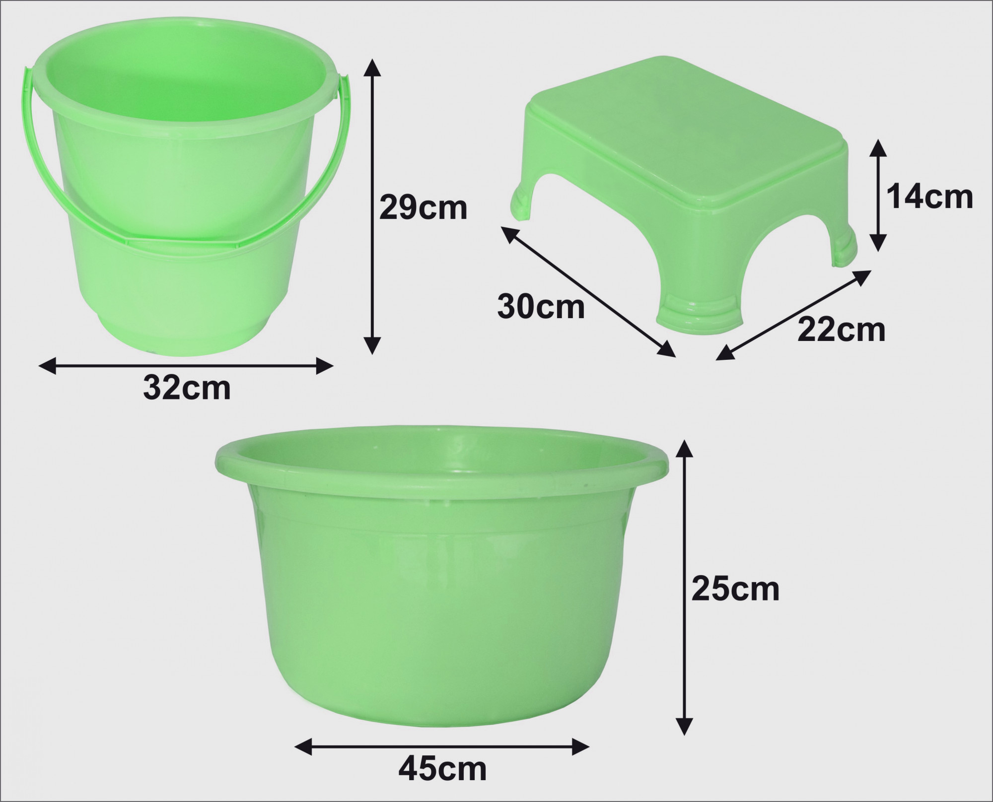 Kuber Industries 3 Pieces Unbreakable Virgin Plastic Multipurpose Bucket, Stool & Tub Set (Green)