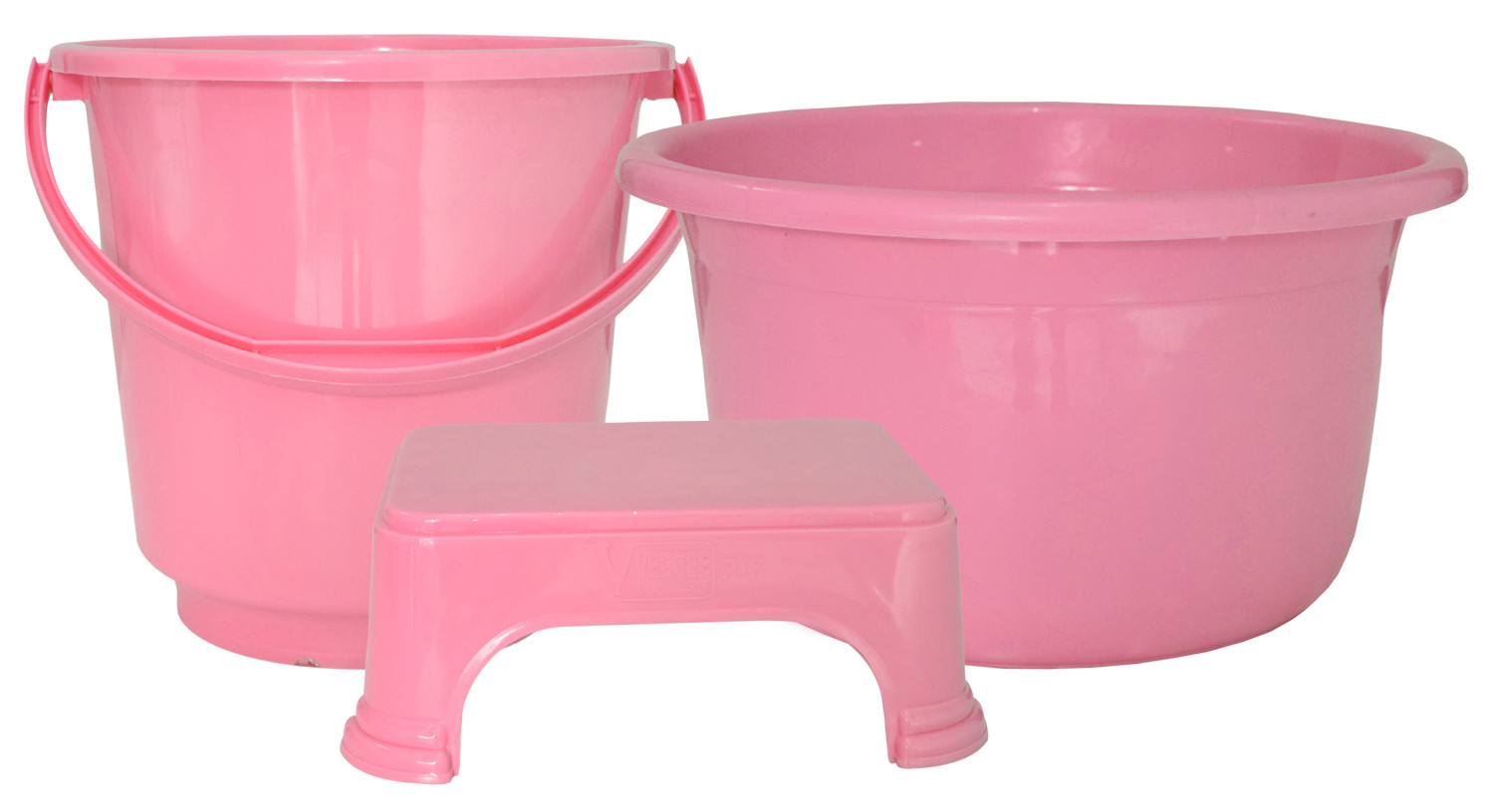 Kuber Industries 3 Pieces Unbreakable Virgin Plastic Multipurpose Bucket, Stool & Tub Set (Pink)