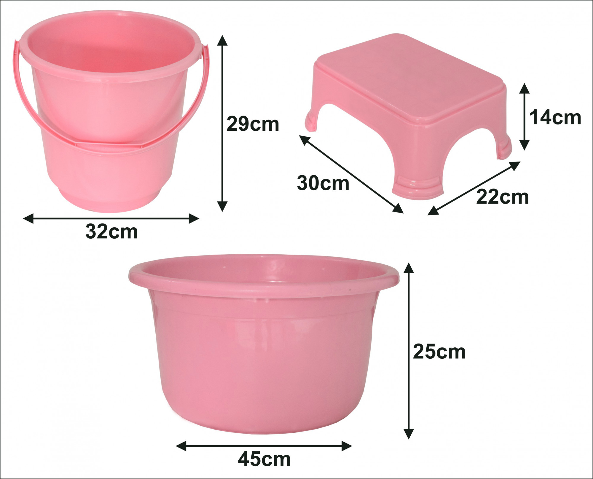 Kuber Industries 3 Pieces Unbreakable Virgin Plastic Multipurpose Bucket, Stool & Tub Set (Pink)