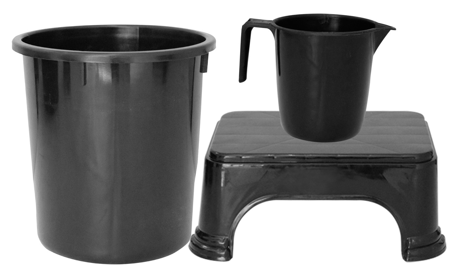 Kuber Industries 3 Pieces Unbreakable Virgin Plastic Multipurpose Mug, Dustbin & Stool Set (Black)