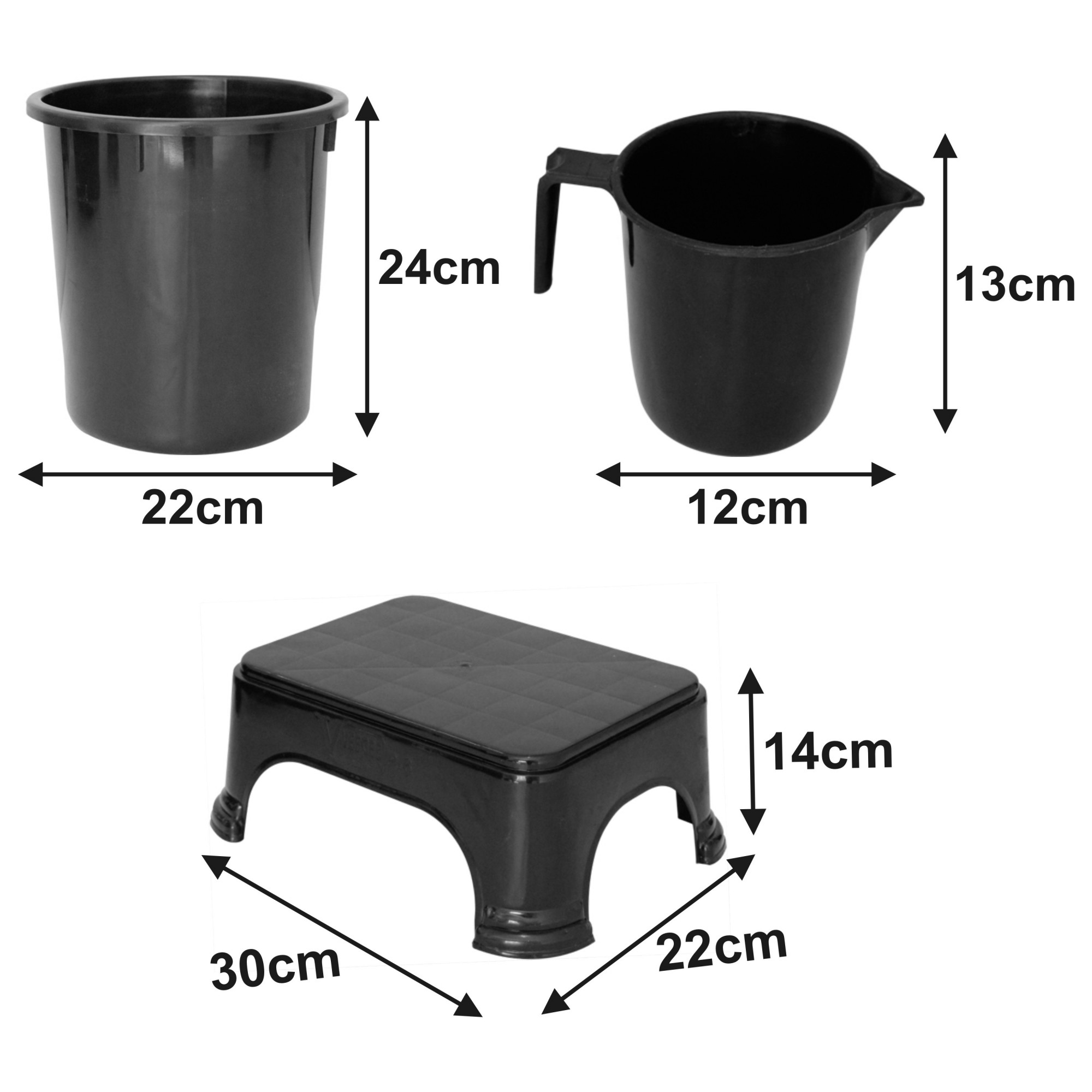 Kuber Industries 3 Pieces Unbreakable Virgin Plastic Multipurpose Mug, Dustbin & Stool Set (Black)