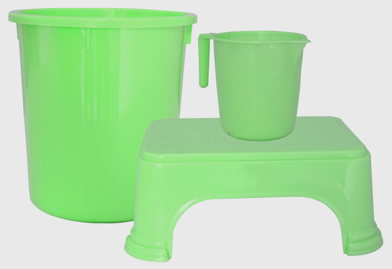 Kuber Industries 3 Pieces Unbreakable Virgin Plastic Multipurpose Mug, Dustbin & Stool Set (Green)