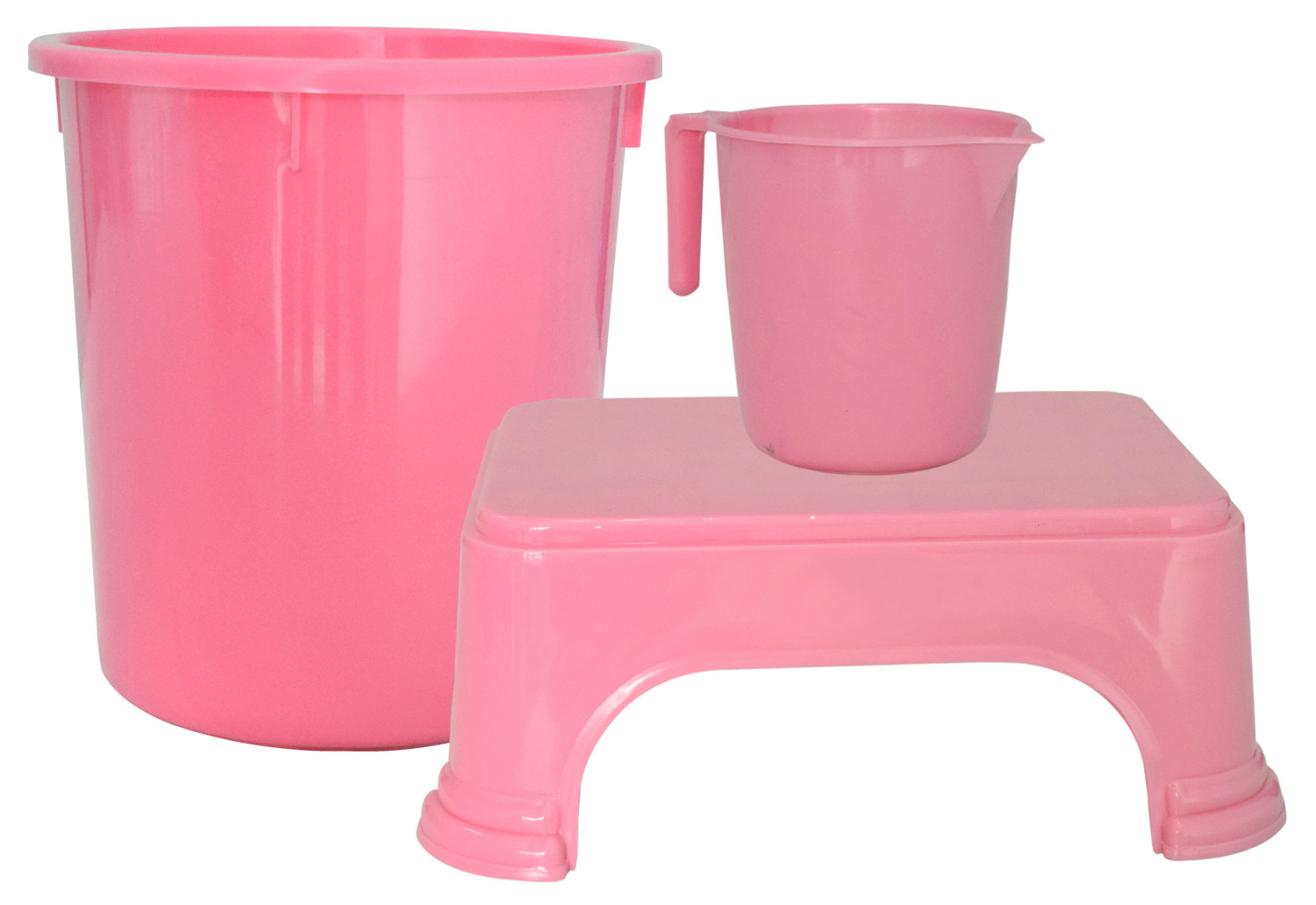 Kuber Industries 3 Pieces Unbreakable Virgin Plastic Multipurpose Mug, Dustbin & Stool Set (Pink)