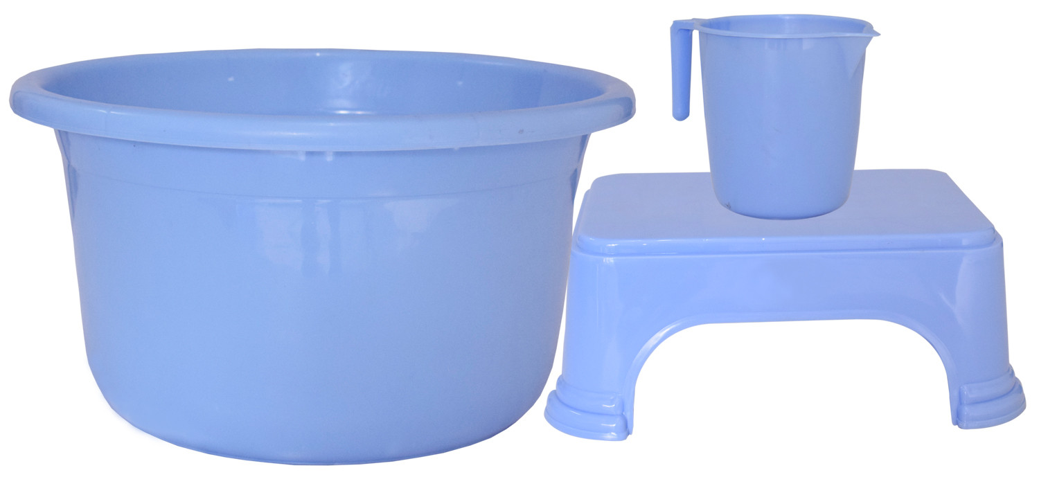 Kuber Industries 3 Pieces Unbreakable Virgin Plastic Multipurpose Mug, Tub & Stool Set (Blue)