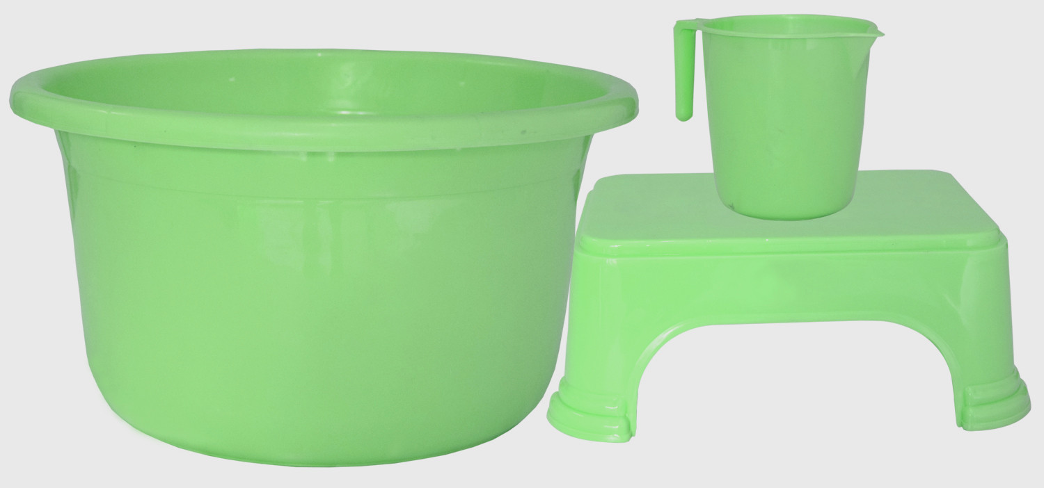 Kuber Industries 3 Pieces Unbreakable Virgin Plastic Multipurpose Mug, Tub & Stool Set (Green)