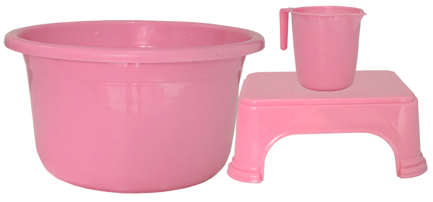 Kuber Industries 3 Pieces Unbreakable Virgin Plastic Multipurpose Mug, Tub & Stool Set (Pink)