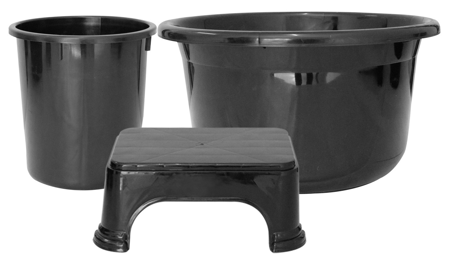 Kuber Industries 3 Pieces Unbreakable Virgin Plastic Multipurpose Tub, Dustbin & Stool Set (Black)