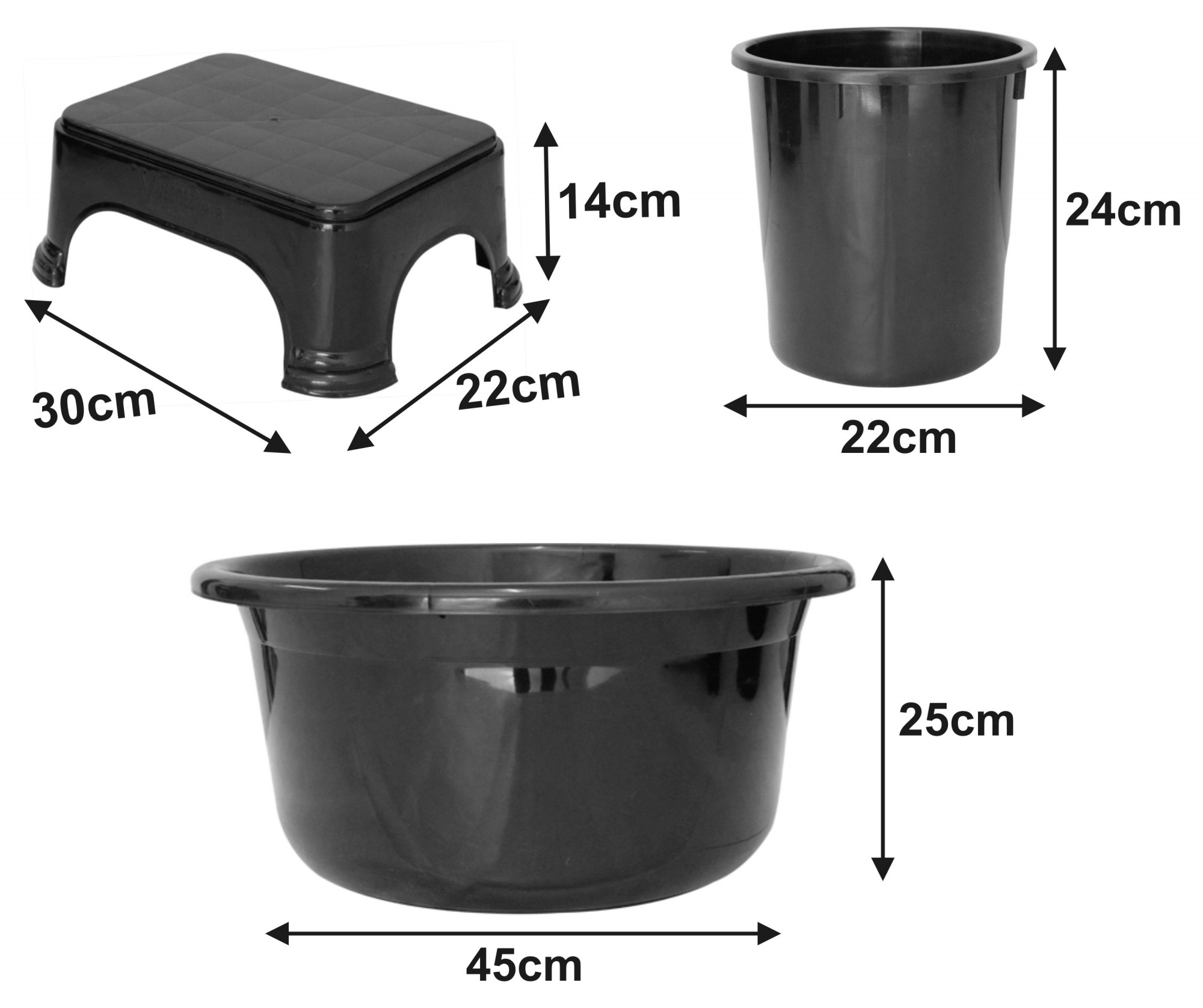 Kuber Industries 3 Pieces Unbreakable Virgin Plastic Multipurpose Tub, Dustbin & Stool Set (Black)
