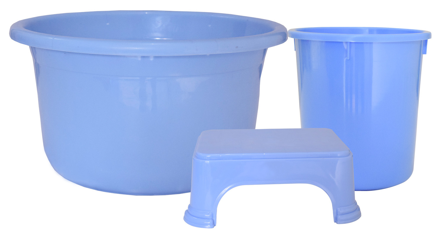 Kuber Industries 3 Pieces Unbreakable Virgin Plastic Multipurpose Tub, Dustbin & Stool Set (Blue)