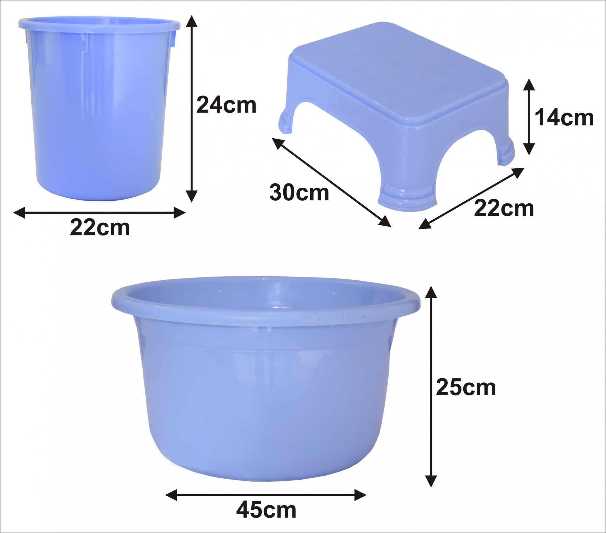 Kuber Industries 3 Pieces Unbreakable Virgin Plastic Multipurpose Tub, Dustbin & Stool Set (Blue)