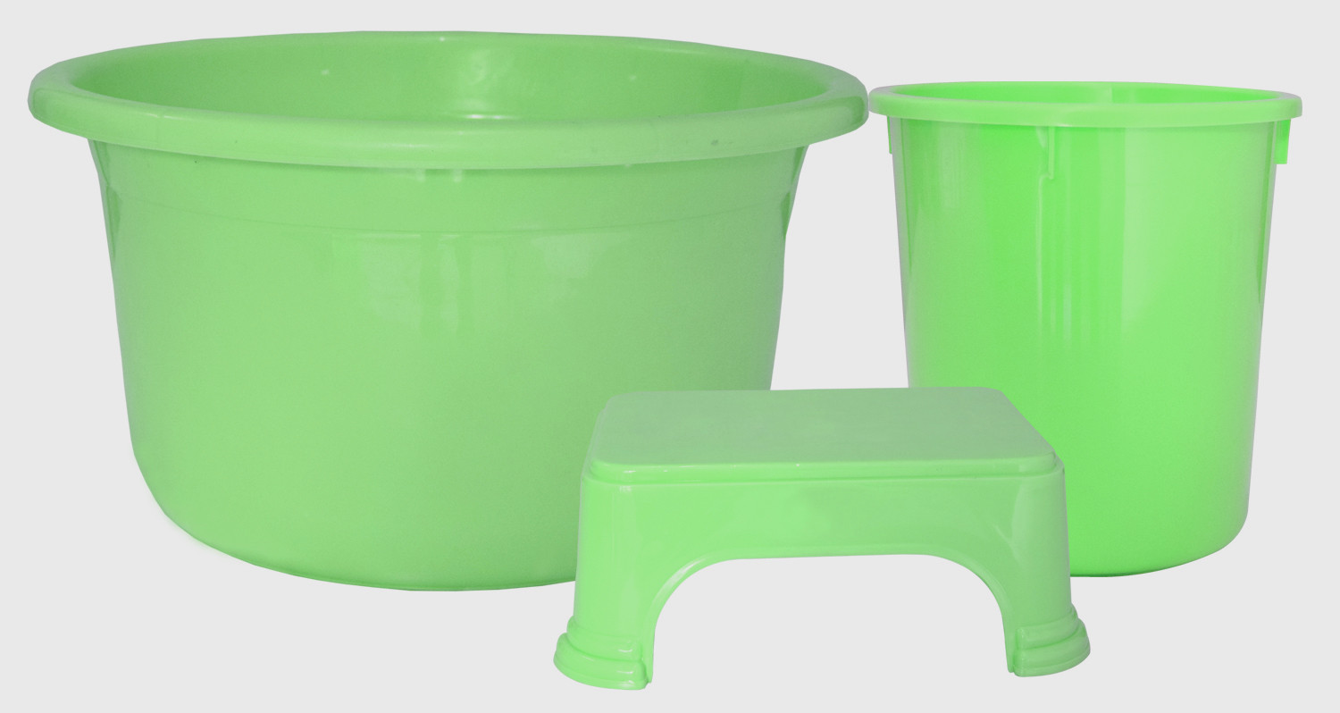 Kuber Industries 3 Pieces Unbreakable Virgin Plastic Multipurpose Tub, Dustbin & Stool Set (Green)