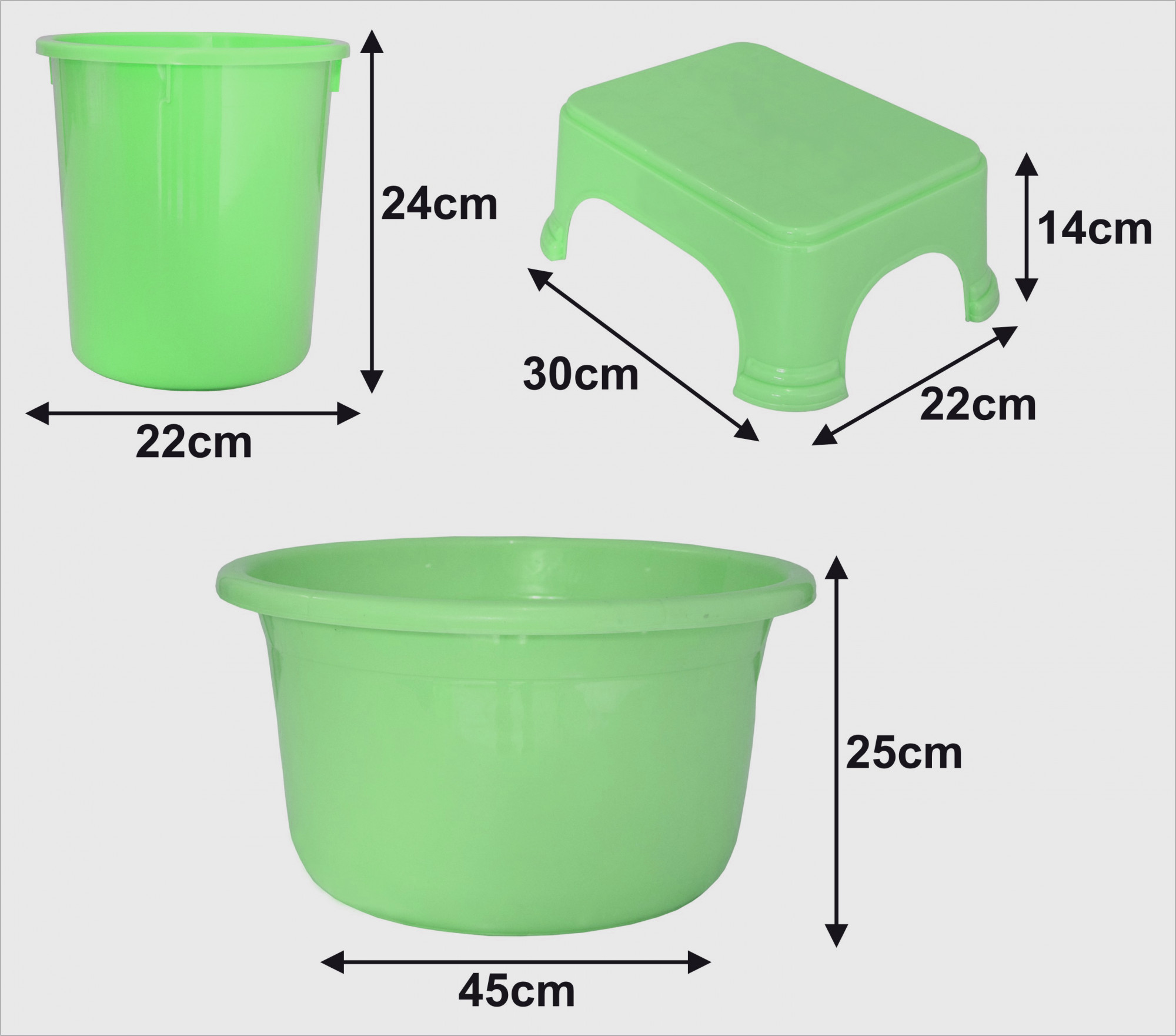 Kuber Industries 3 Pieces Unbreakable Virgin Plastic Multipurpose Tub, Dustbin & Stool Set (Green)