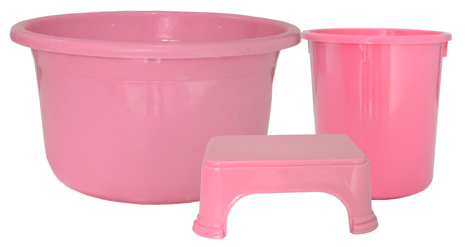 Kuber Industries 3 Pieces Unbreakable Virgin Plastic Multipurpose Tub, Dustbin & Stool Set (Pink)