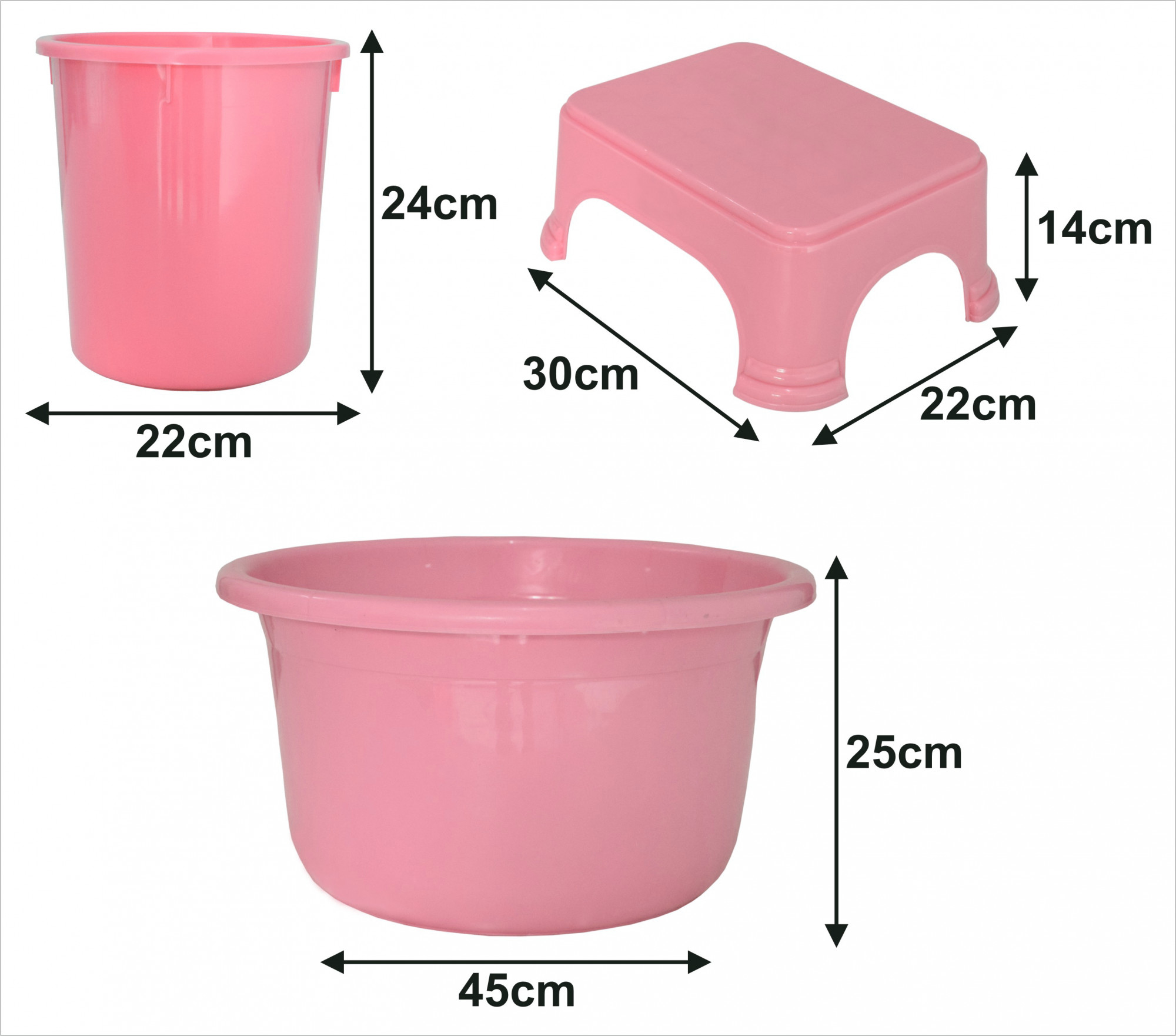 Kuber Industries 3 Pieces Unbreakable Virgin Plastic Multipurpose Tub, Dustbin & Stool Set (Pink)