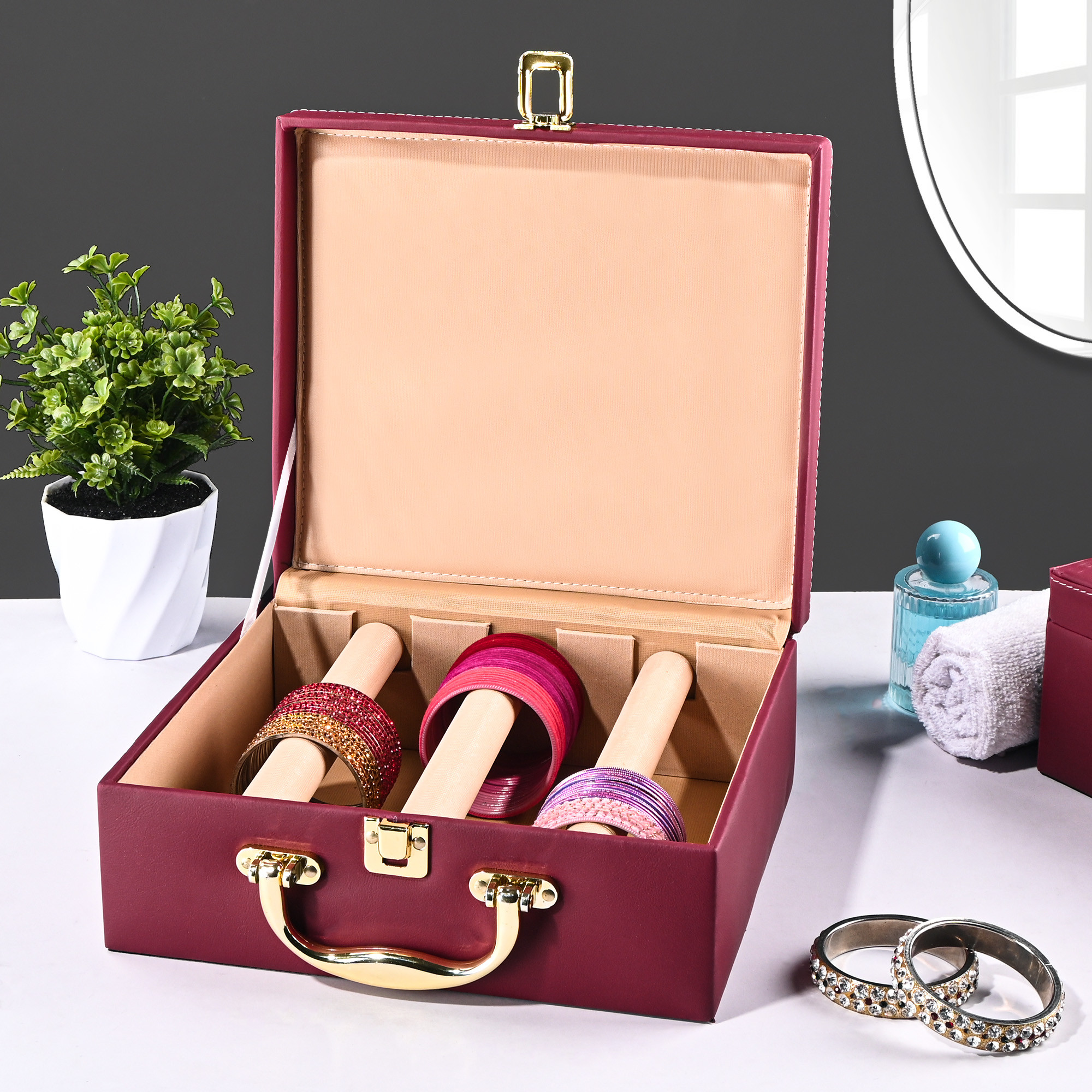 Kuber Industries 3 Rod Premium Faux Leather Bangles Box for WomenBride with Handle  BangalBangle Organizer Box  ChuriChudi Box for Women Bridal  Bangles Organisers Box  Maroon