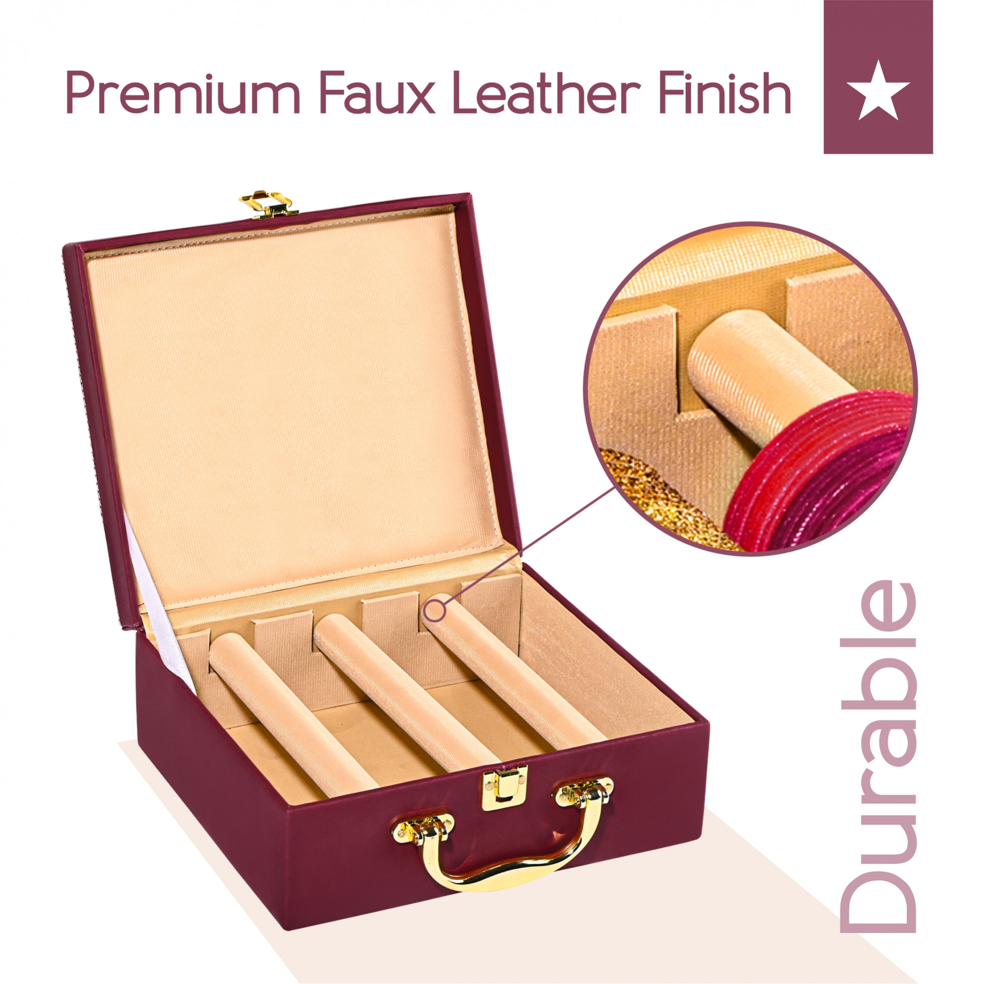Kuber Industries 3 Rod Premium Faux Leather Bangles Box for WomenBride with Handle  BangalBangle Organizer Box  ChuriChudi Box for Women Bridal  Bangles Organisers Box  Maroon