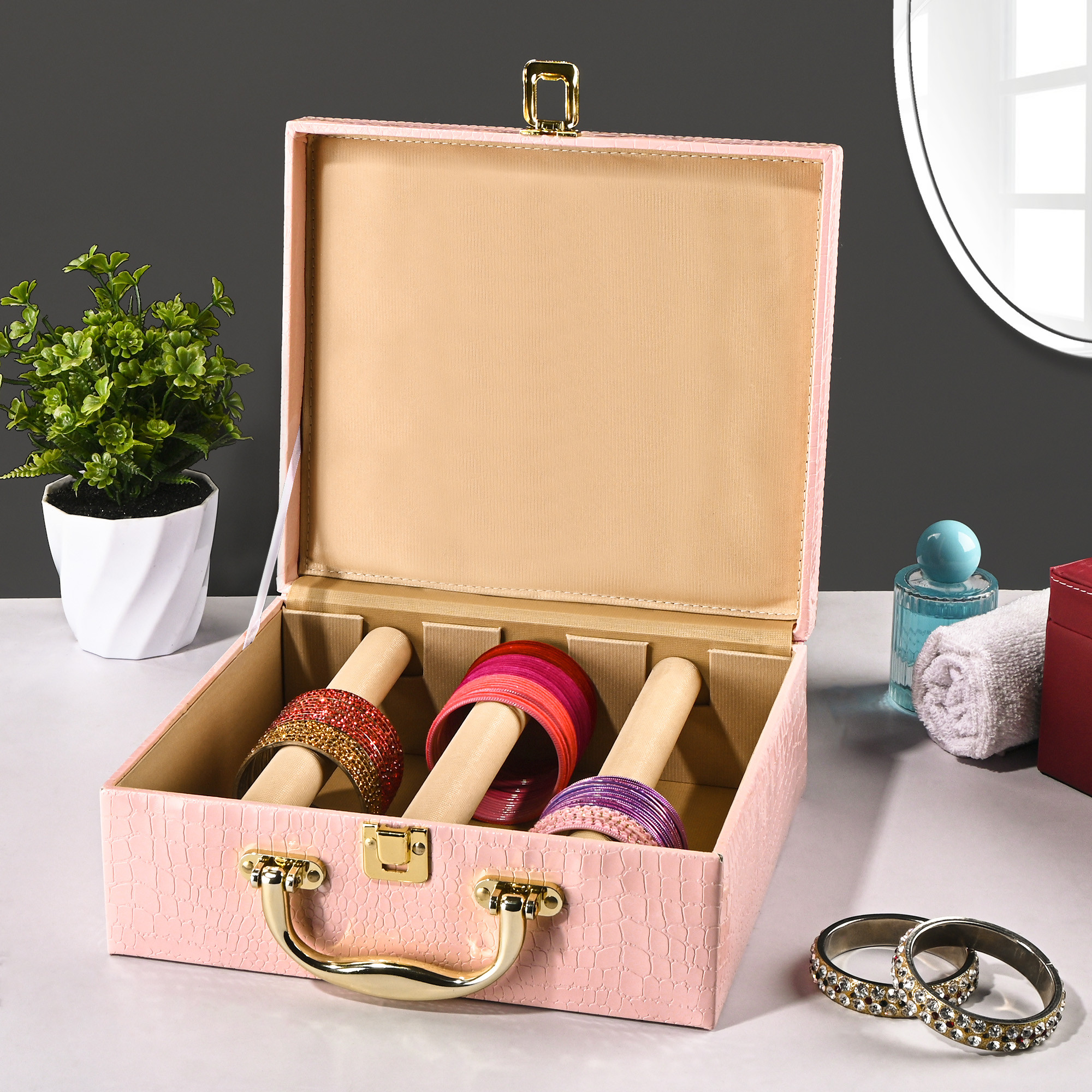 Kuber Industries 3 Rod Premium Faux Leather Bangles Box for WomenBride with Handle  BangalBangle Organizer Box  ChuriChudi Box for Women Bridal  Bangles Organisers Box  Pink