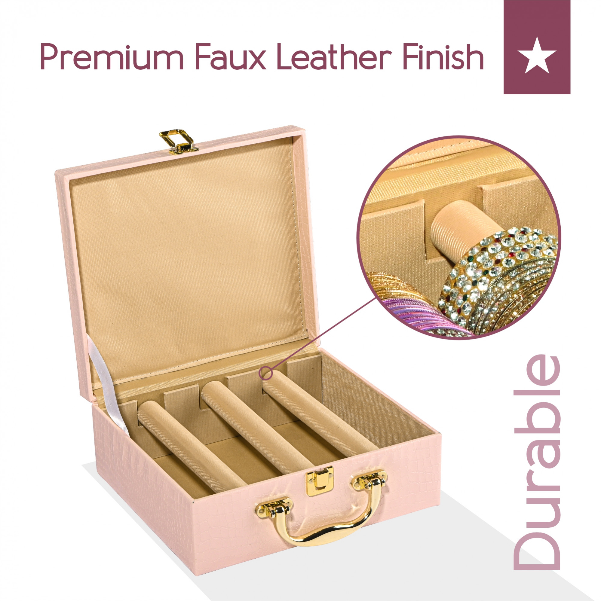 Kuber Industries 3 Rod Premium Faux Leather Bangles Box for WomenBride with Handle  BangalBangle Organizer Box  ChuriChudi Box for Women Bridal  Bangles Organisers Box  Pink