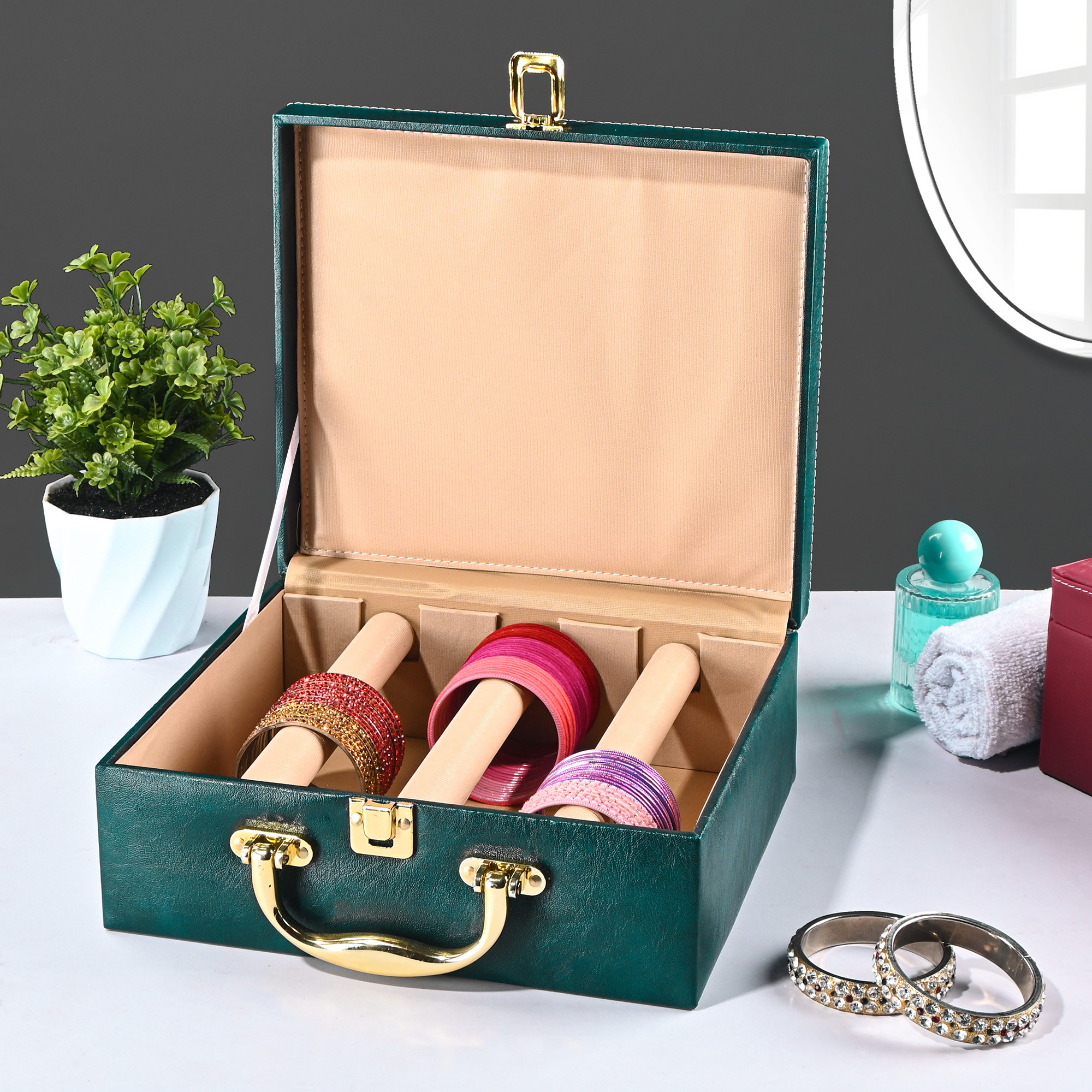 Kuber Industries 3 Rod Premium Faux Leather Bangles Box for WomenBride with Handle  BangalBangle Organizer Box  ChuriChudi Box for Women Bridal  Bangles Organisers Box  Teal