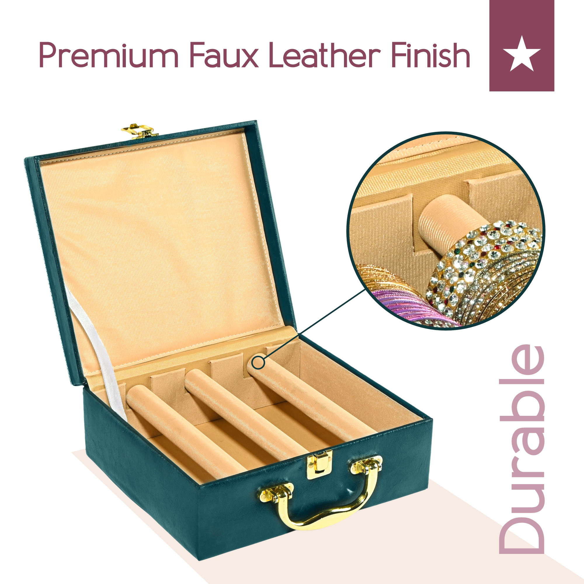 Kuber Industries 3 Rod Premium Faux Leather Bangles Box for WomenBride with Handle  BangalBangle Organizer Box  ChuriChudi Box for Women Bridal  Bangles Organisers Box  Teal