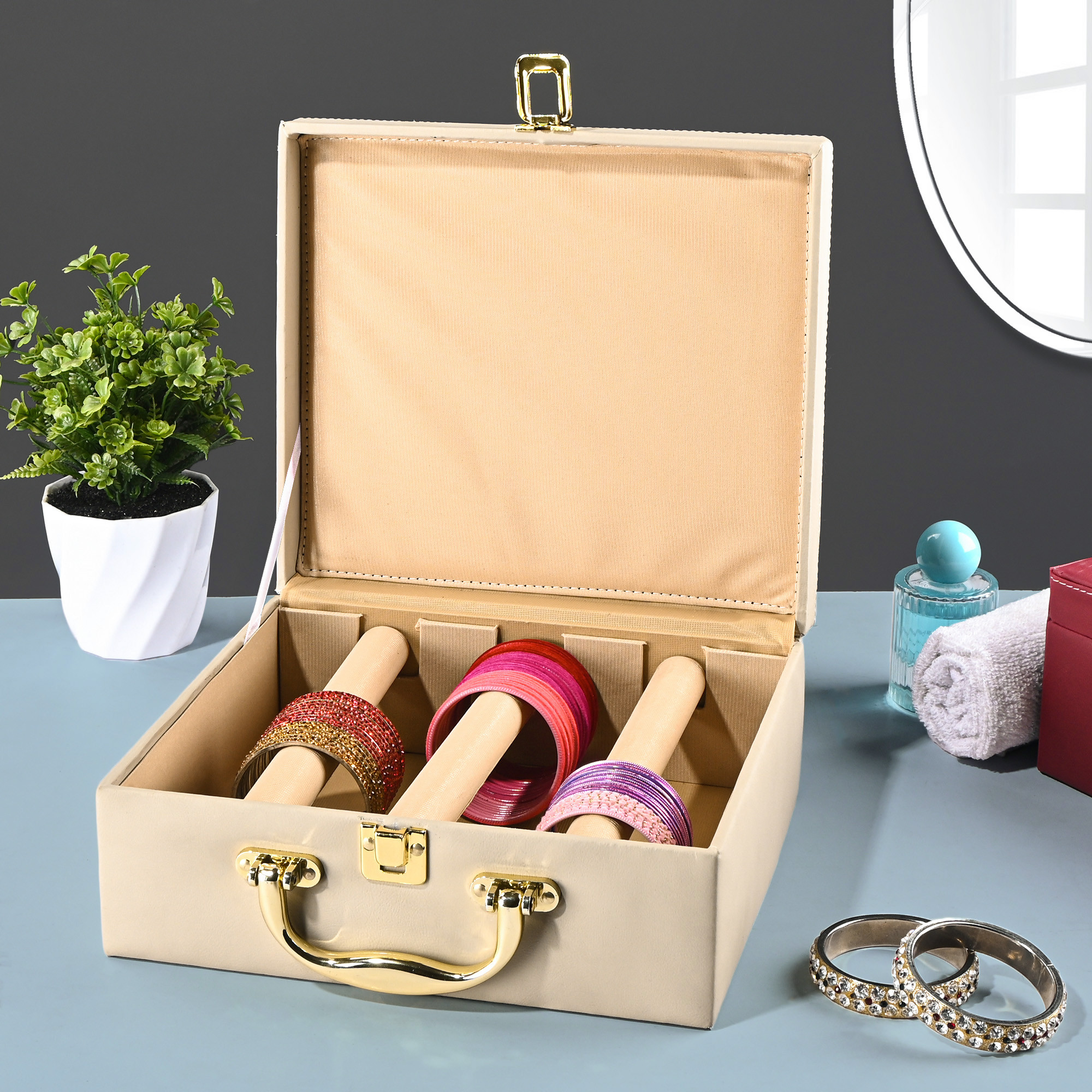 Kuber Industries 3 Rod Premium Faux Leather Bangles Box for WomenBride with Handle  BangalBangle Organizer Box  ChuriChudi Box for Women Bridal  Bangles Organisers Box  Beige