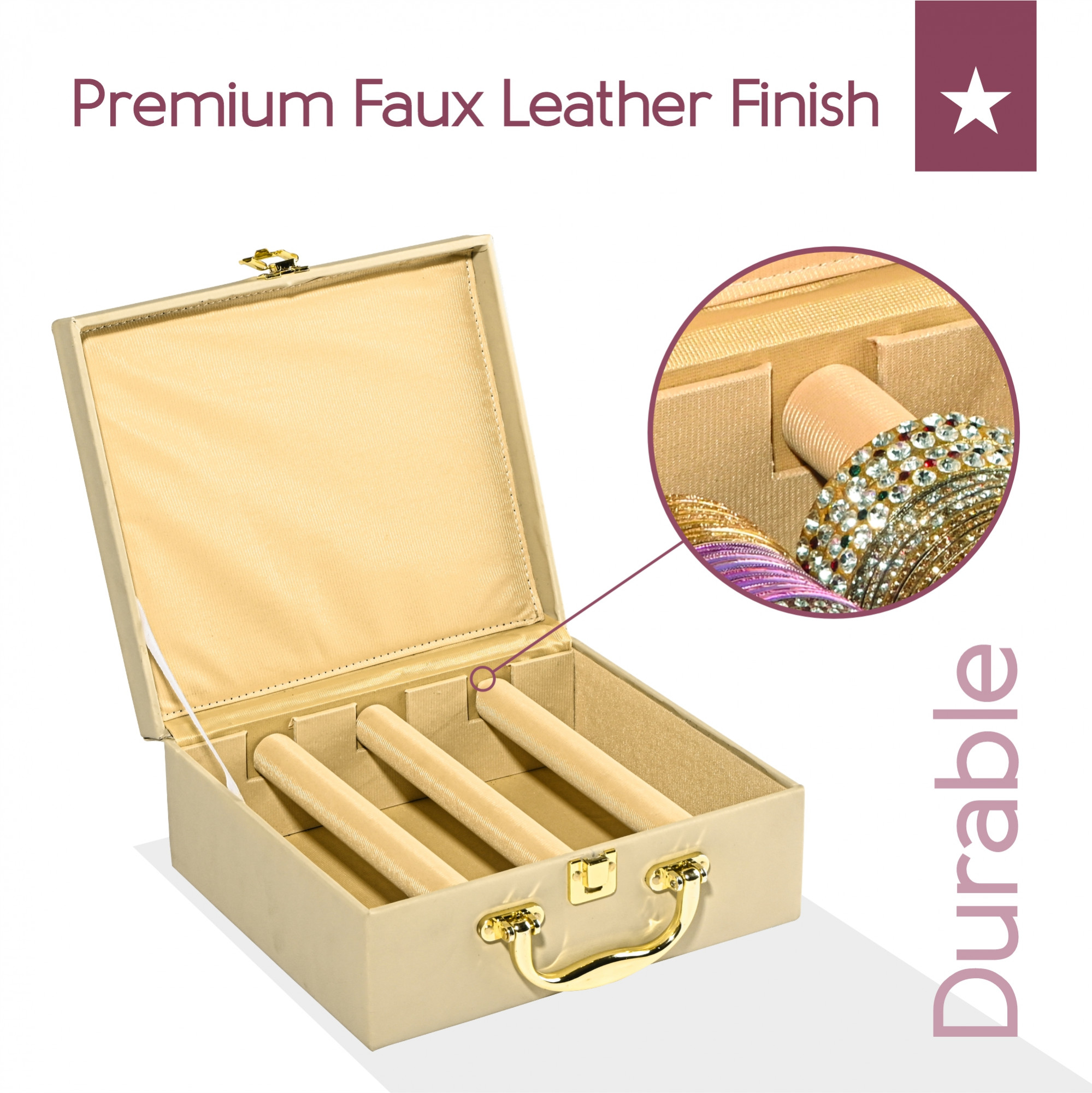 Kuber Industries 3 Rod Premium Faux Leather Bangles Box for WomenBride with Handle  BangalBangle Organizer Box  ChuriChudi Box for Women Bridal  Bangles Organisers Box  Beige