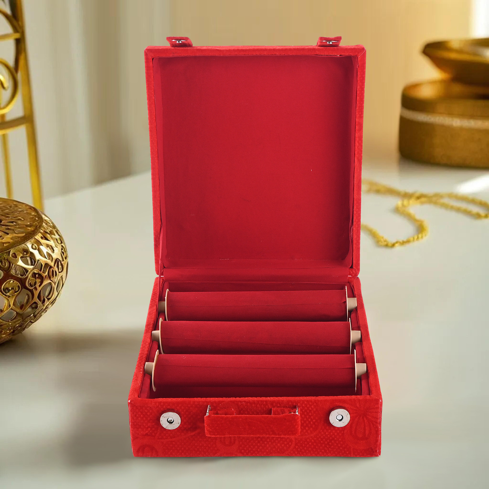 Kuber Industries 3-Rod Removable Bangles Organisers Storage Box with Magnetic Lock  Wedding Jewellery Organizer Case with Handle  Bangles Box for Women  Floral Print - Red