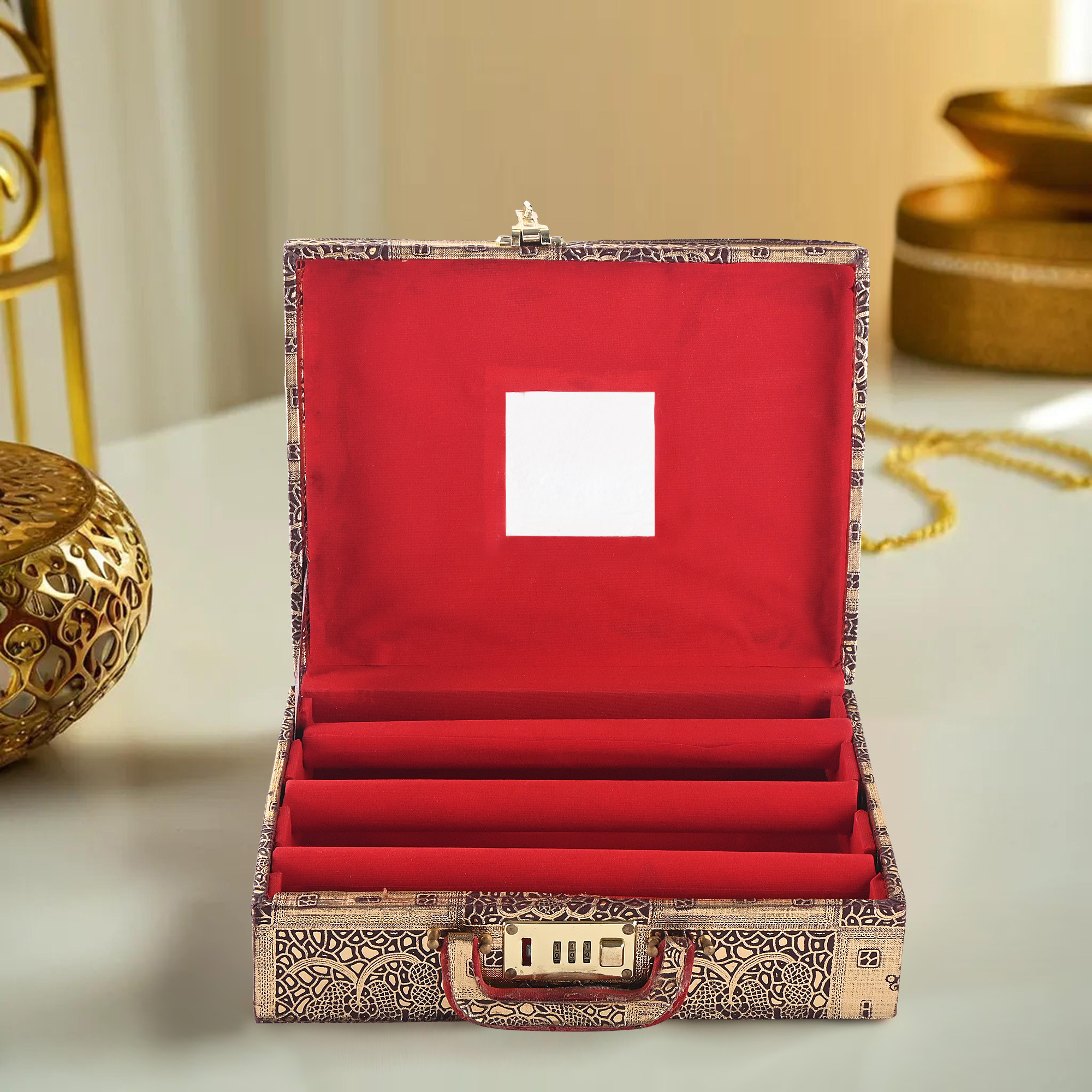 Kuber Industries 3-Rod Removable Bangles Organisers Storage Box with Number Lock  Wedding Jewellery Organizer Case with Handle  Bangles Box for Women  Flower Design - Golden