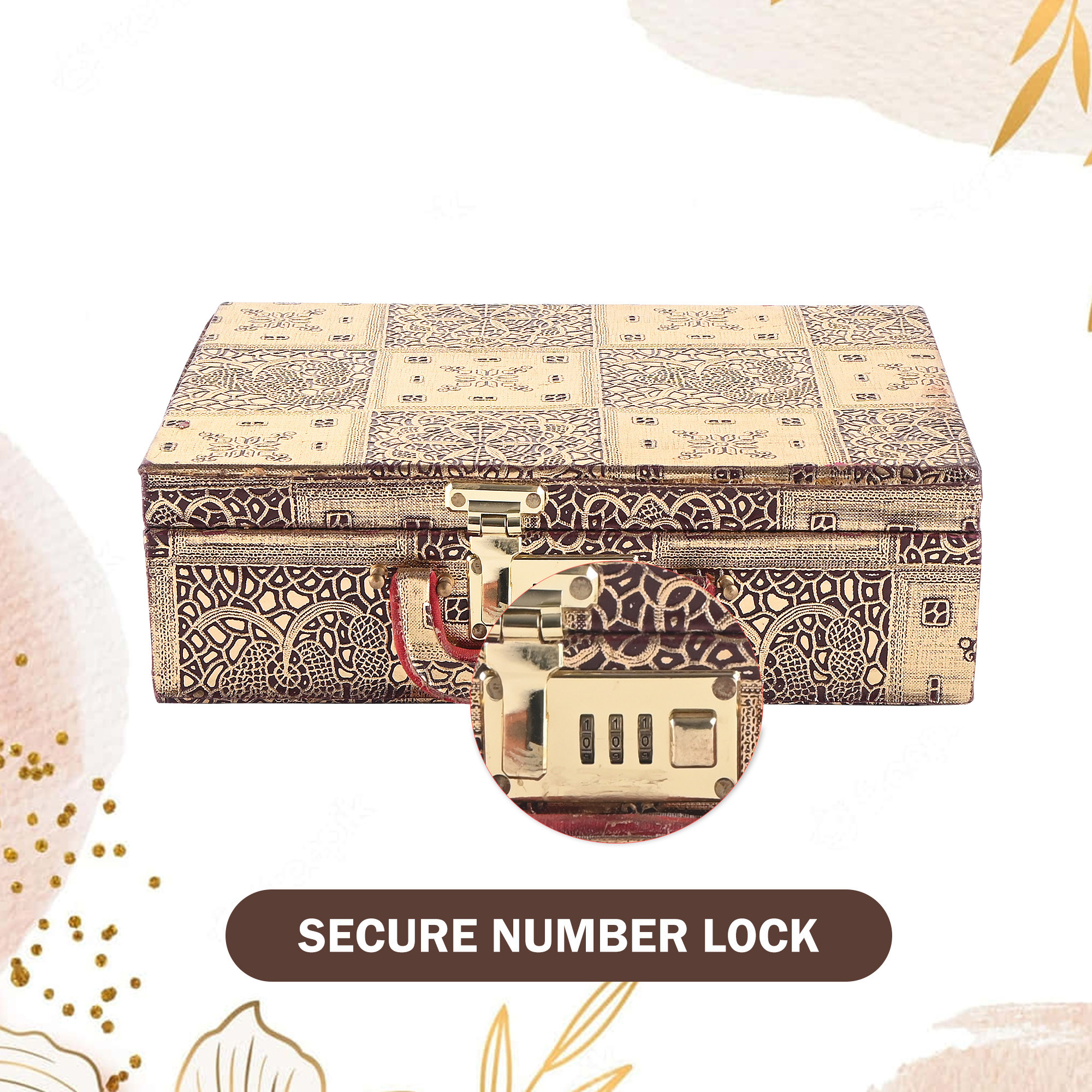 Kuber Industries 3-Rod Removable Bangles Organisers Storage Box with Number Lock  Wedding Jewellery Organizer Case with Handle  Bangles Box for Women  Flower Design - Golden