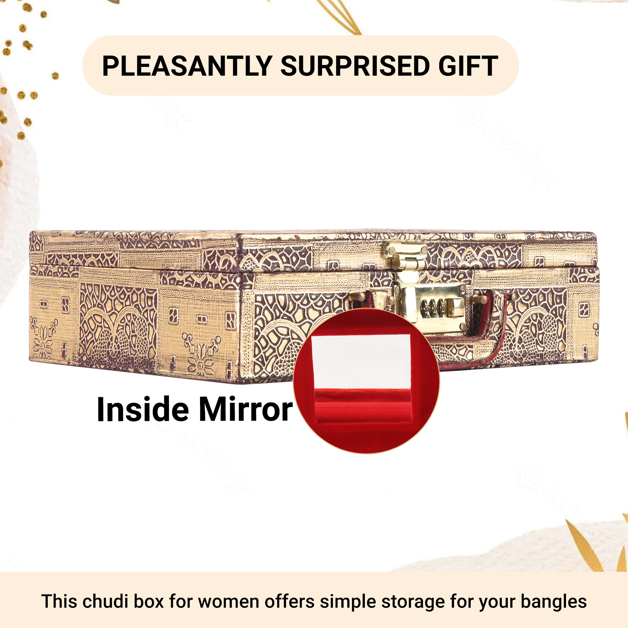 Kuber Industries 3-Rod Removable Bangles Organisers Storage Box with Number Lock  Wedding Jewellery Organizer Case with Handle  Bangles Box for Women  Flower Design - Golden