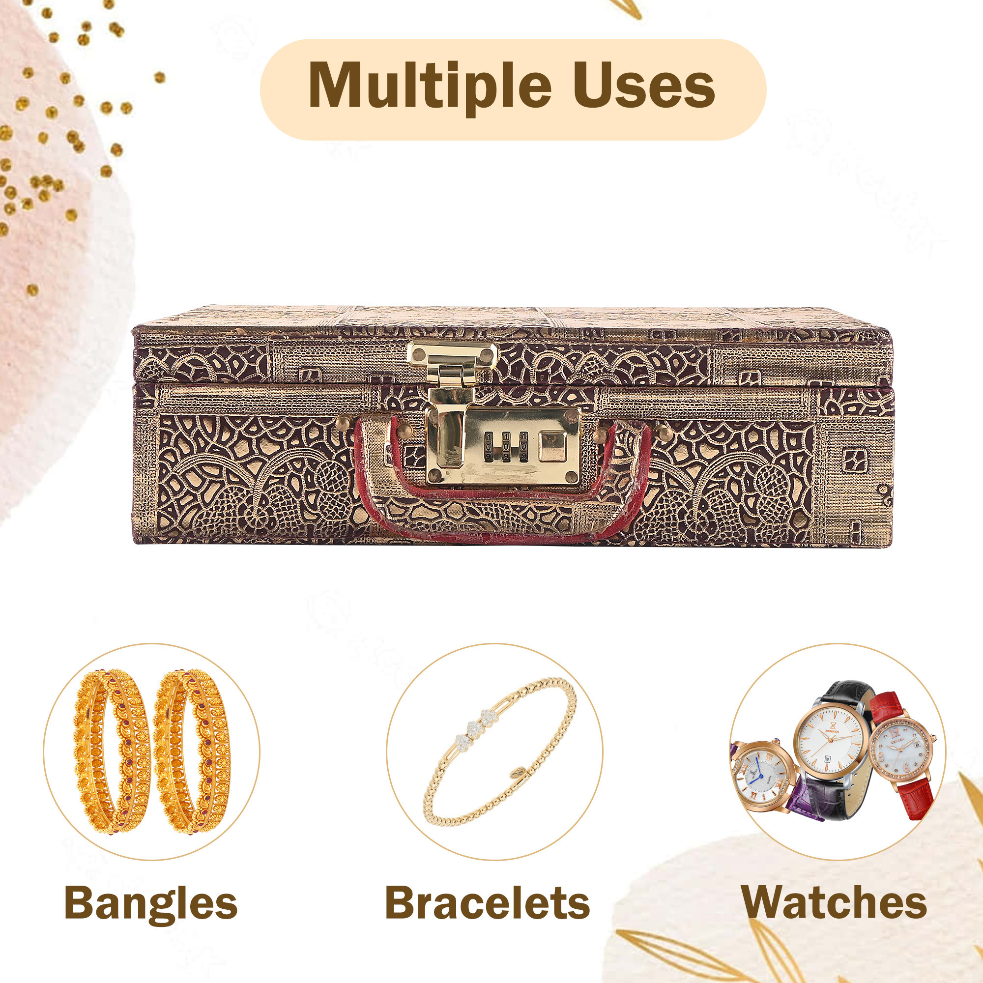 Kuber Industries 3-Rod Removable Bangles Organisers Storage Box with Number Lock  Wedding Jewellery Organizer Case with Handle  Bangles Box for Women  Flower Design - Golden