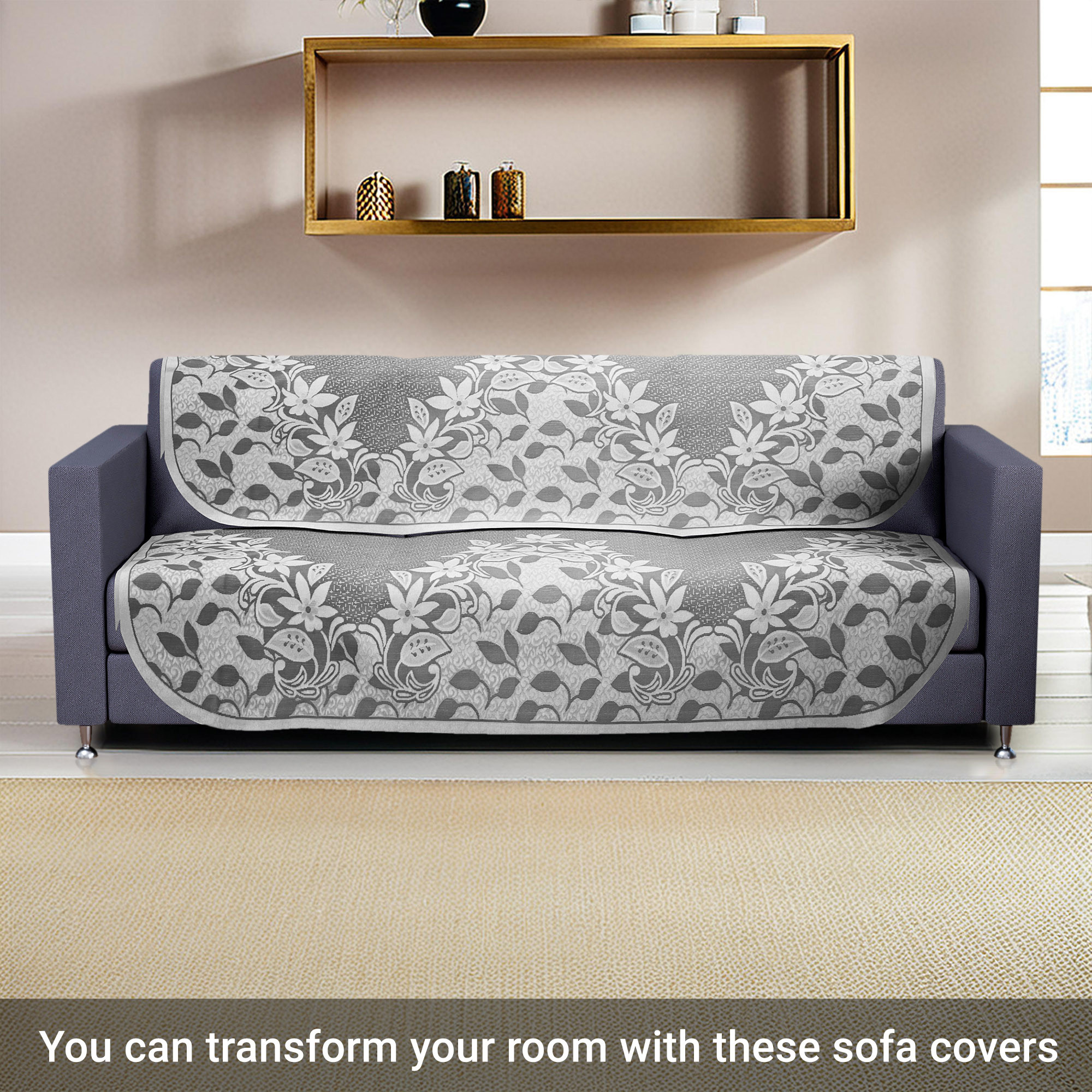 Kuber Industries 3 Seater Long Sheet Cotton Sofa Covers for Living Room  Washable  Removable Furniture Protector Slipcovers Floral Design - Grey