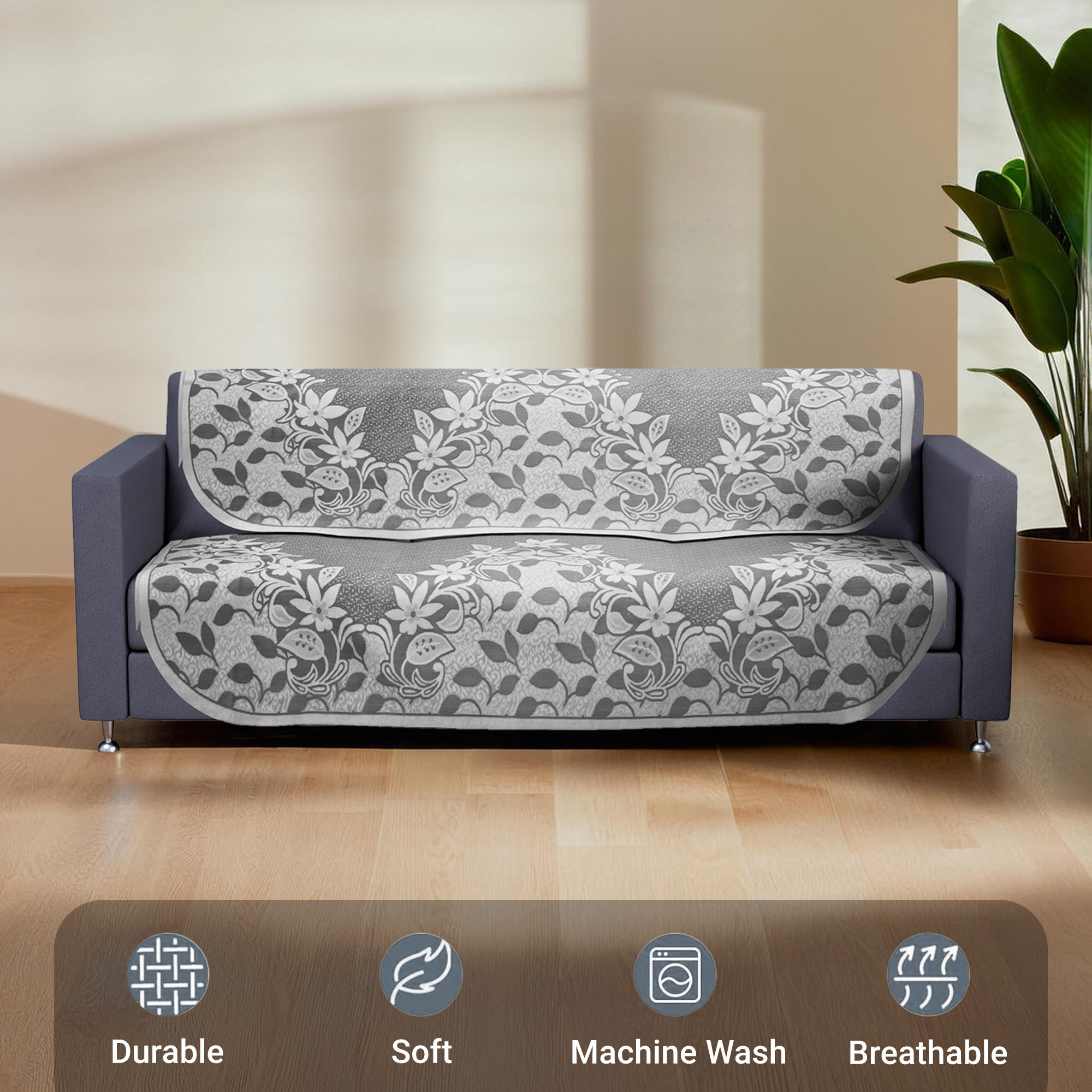 Kuber Industries 3 Seater Long Sheet Cotton Sofa Covers for Living Room  Washable  Removable Furniture Protector Slipcovers Floral Design - Grey