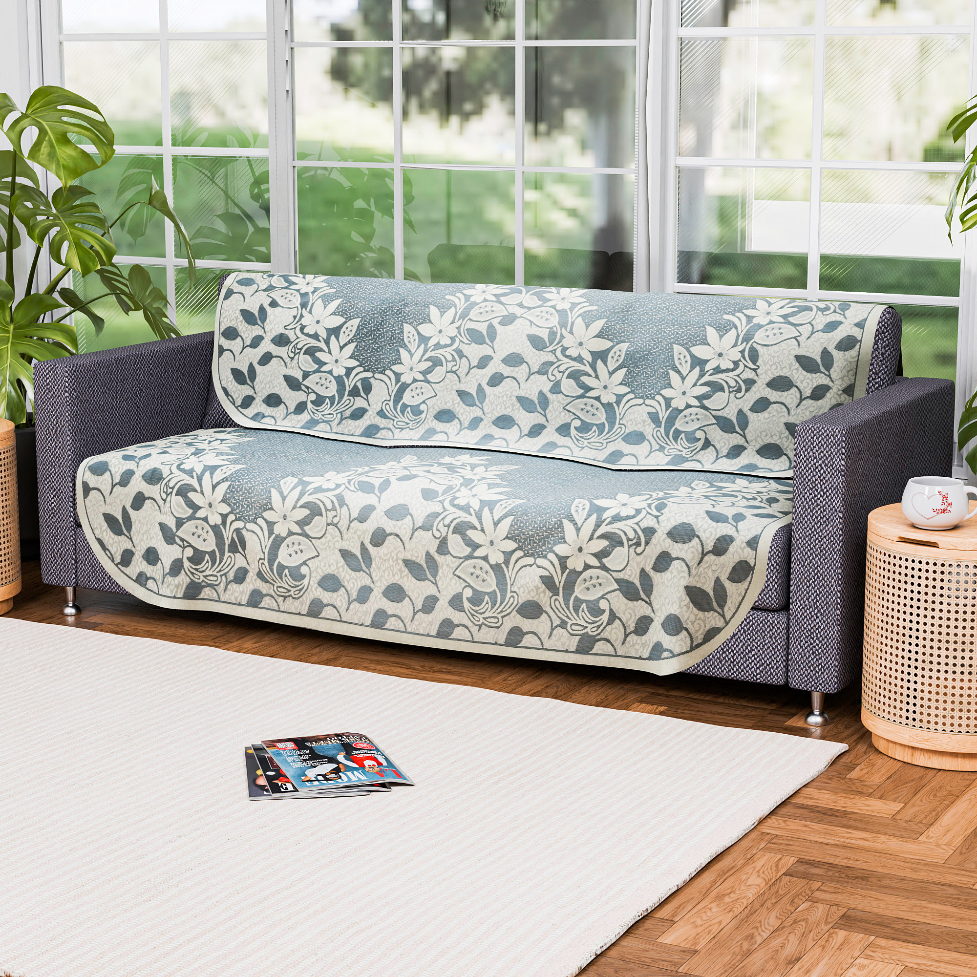 Kuber Industries 3 Seater Long Sheet Cotton Sofa Covers for Living Room  Washable  Removable Furniture Protector Slipcovers Floral Design - Blue