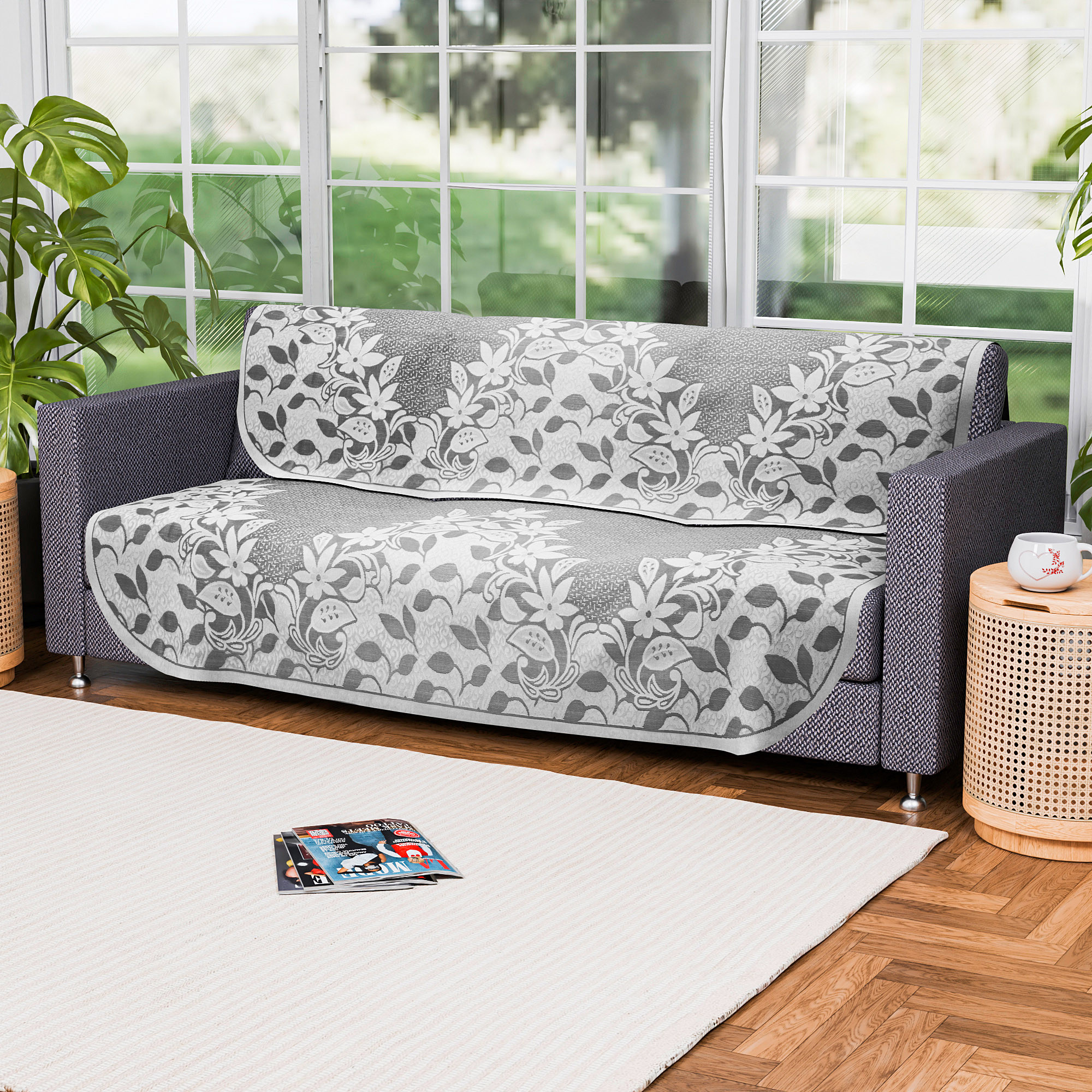 Kuber Industries 3 Seater Long Sheet Cotton Sofa Covers for Living Room  Washable  Removable Furniture Protector Slipcovers Floral Design - Grey