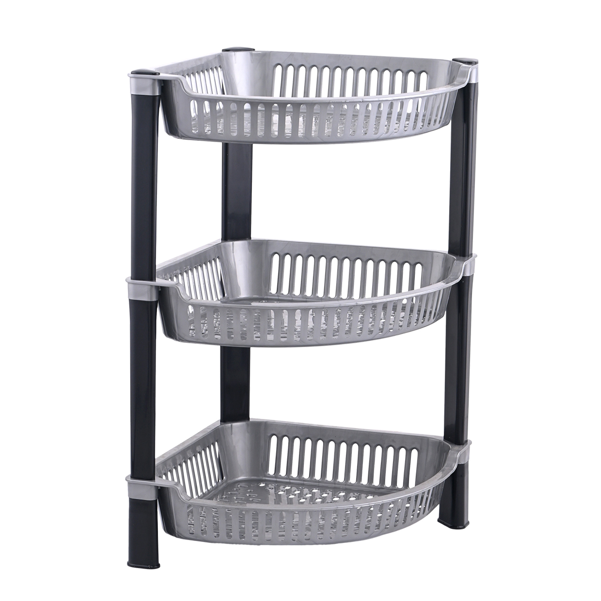Kuber Industries 3 Tier Folding Plastic Fruit  Vegetable Basket Stand  Onion Potato Rack for Kitchen Storage Corner  Modern Organizer Aalu Pyaj Storage Basket Shelf Stand  Silver