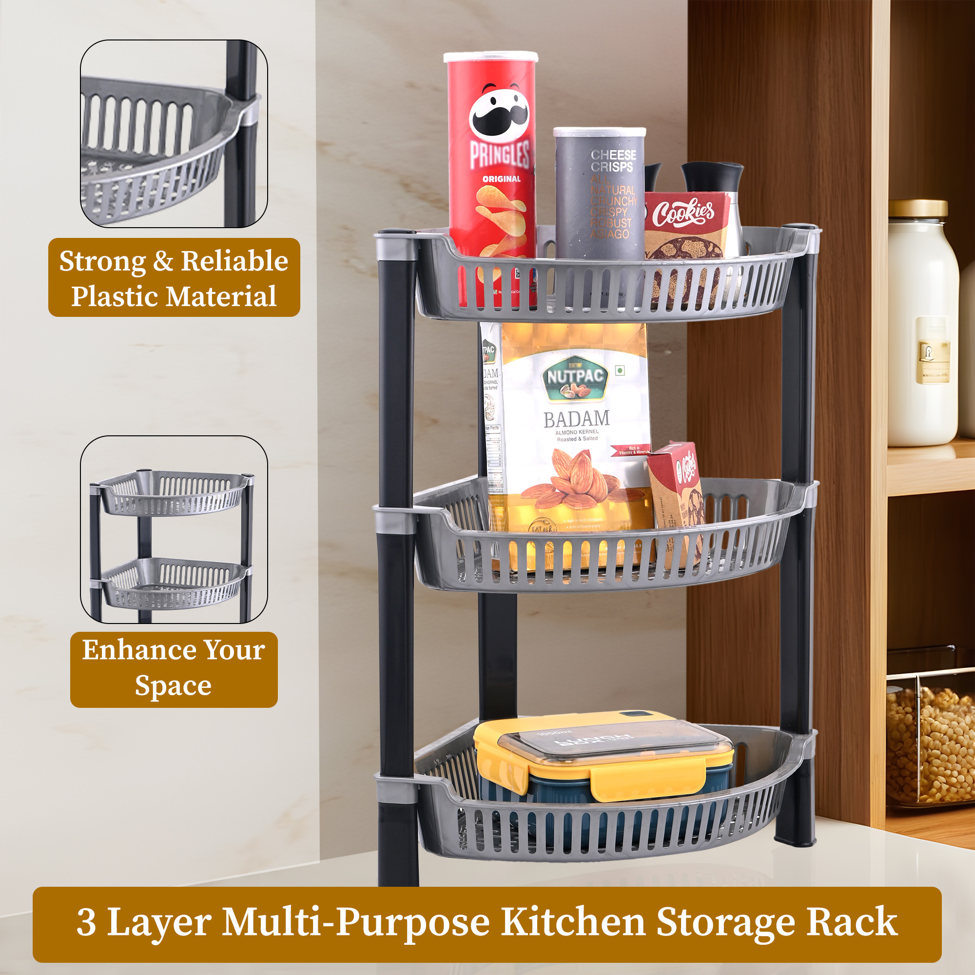 Kuber Industries 3 Tier Folding Plastic Fruit  Vegetable Basket Stand  Onion Potato Rack for Kitchen Storage Corner  Modern Organizer Aalu Pyaj Storage Basket Shelf Stand  Silver