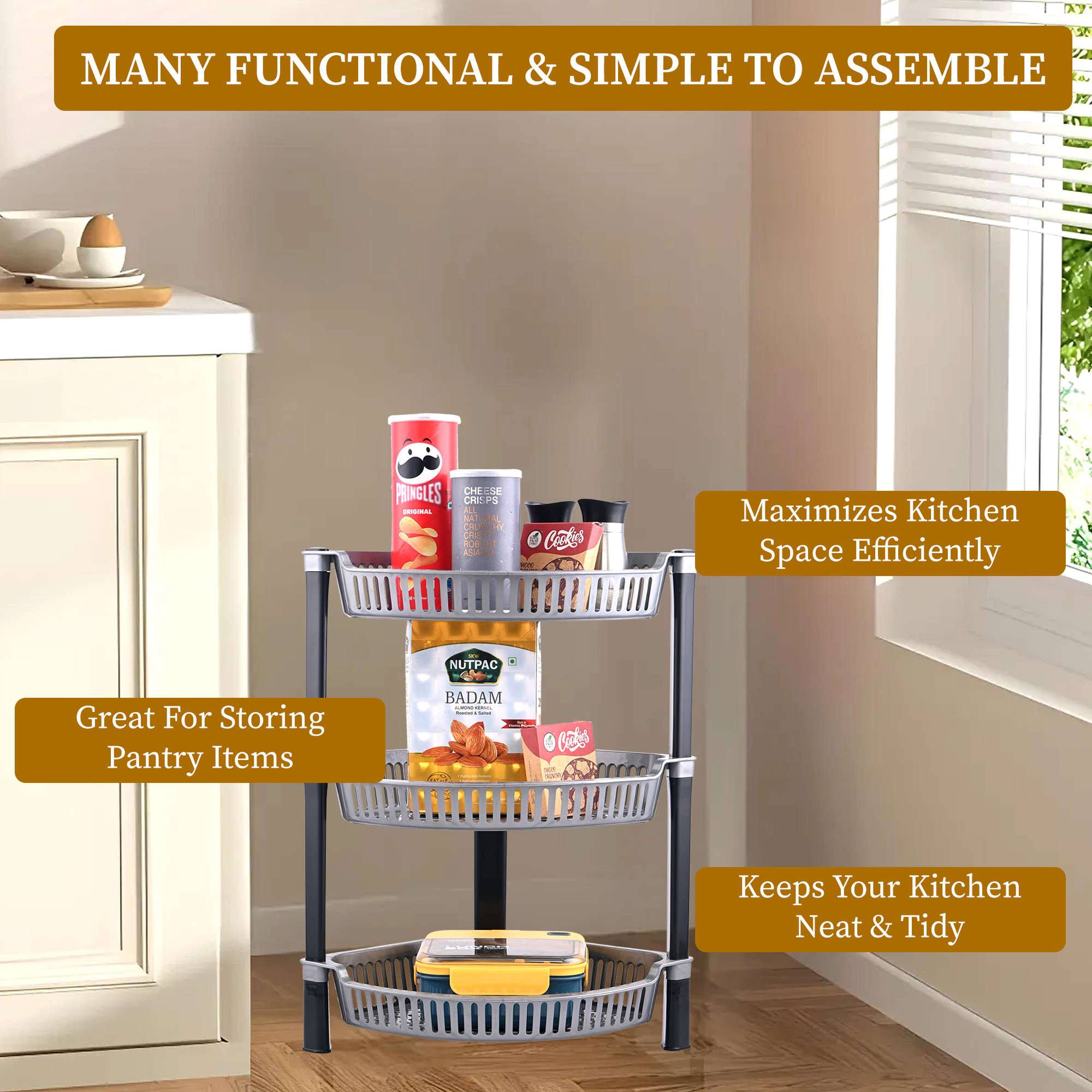 Kuber Industries 3 Tier Folding Plastic Fruit  Vegetable Basket Stand  Onion Potato Rack for Kitchen Storage Corner  Modern Organizer Aalu Pyaj Storage Basket Shelf Stand  Silver